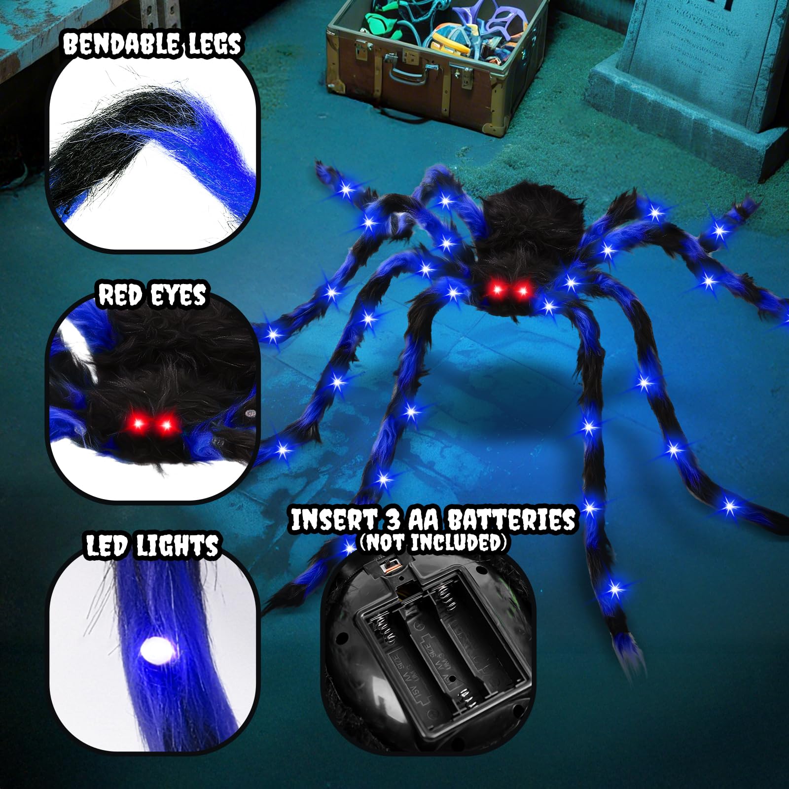 2 Pack 50 Halloween Light Up Spiders, Giant Hairy Spider Decorations with Blue and Purple LED Lights, Scary Indoor Outdoor Hallo