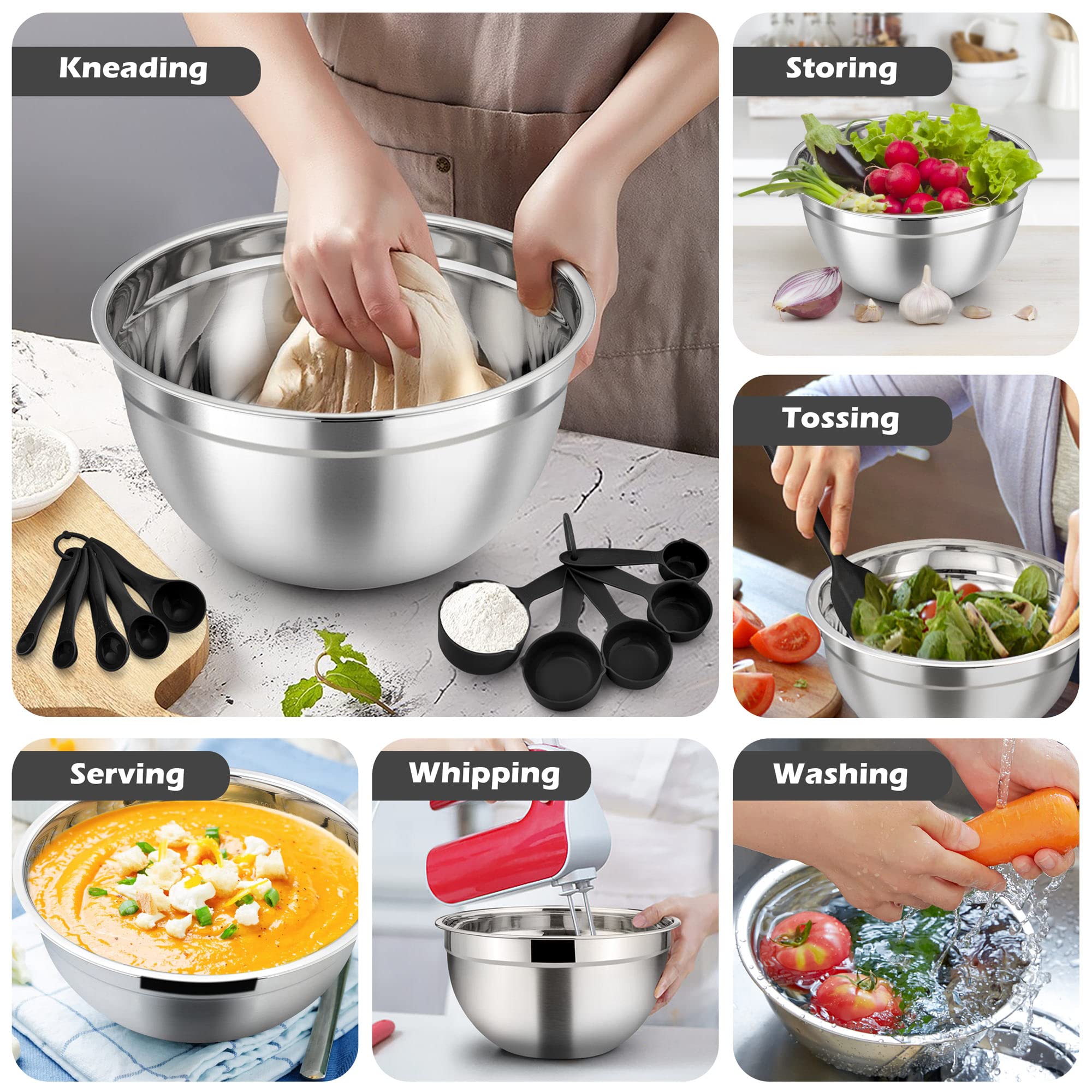 Teamfar Mixing Bowls With Lids Set Of 7, Stainless Steel Nesting Salad Mixing Bowls With 16 Pcs Cooking Utensils Set, 7, 4.5, 3,