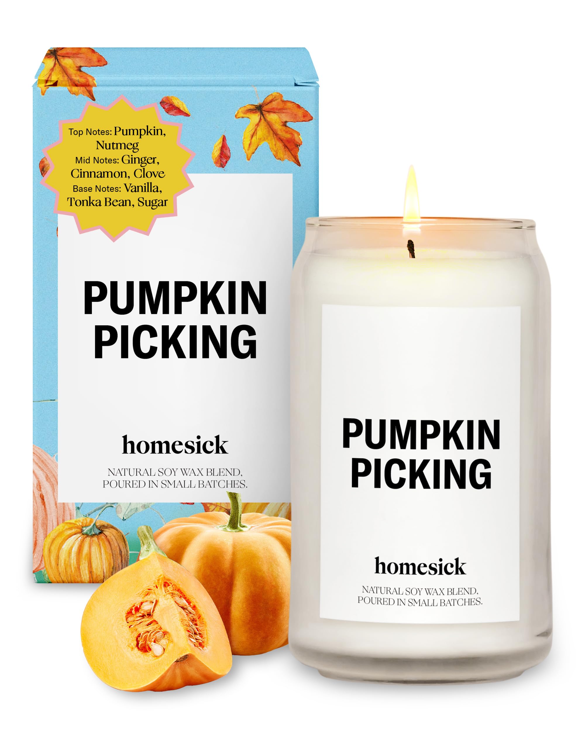 Homesick Scented Candles for Home (Pumpkin Picking) - 13.75 oz Natural Long-Lasting Soy Wax Blend Jar Candle Gifts for Women & M