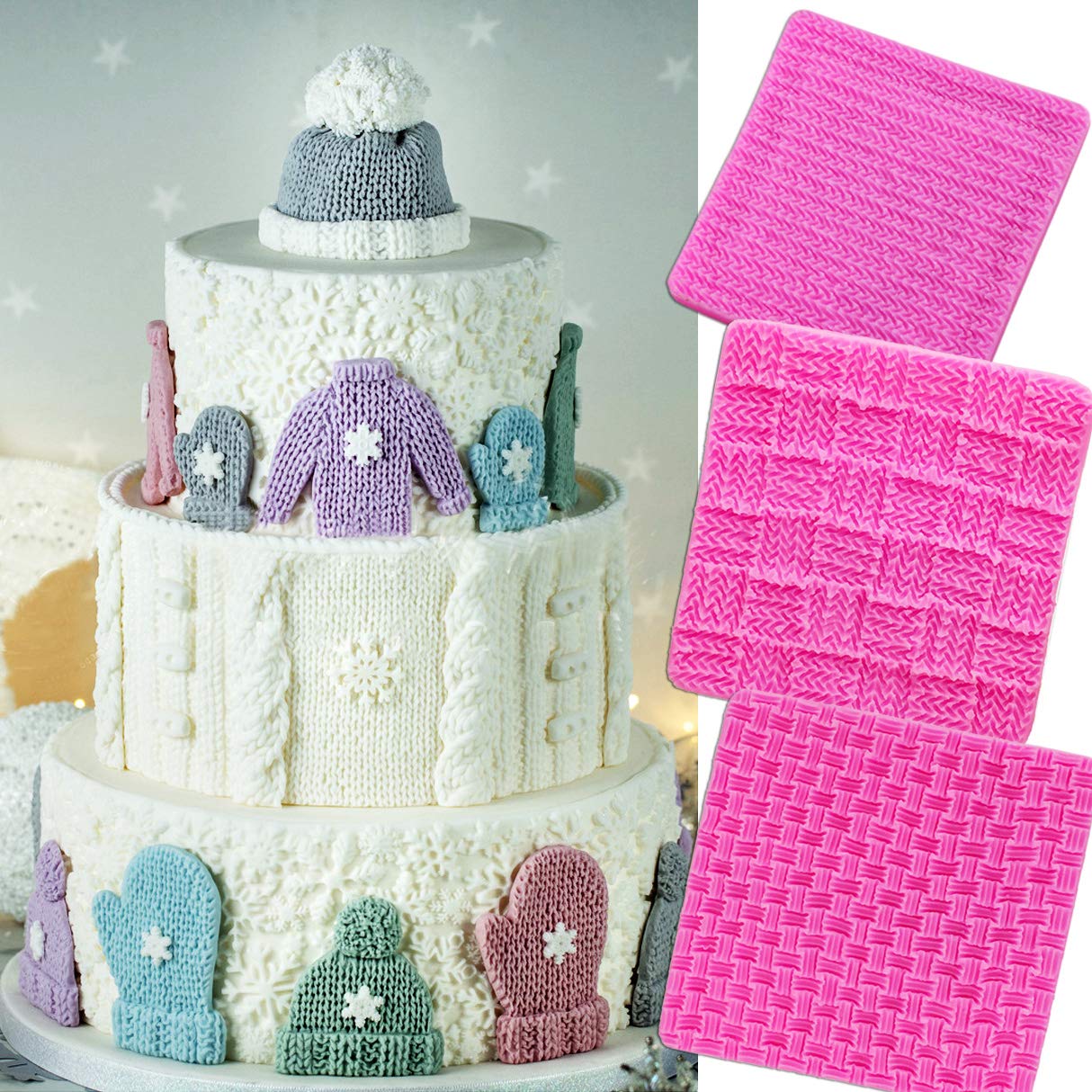 Muyulin Knitting Cake Molds, (4 Pack) Sweater Design Mat Silicone Fondant Molds Texture Stamp Mat For Birthday Cake Decorating C