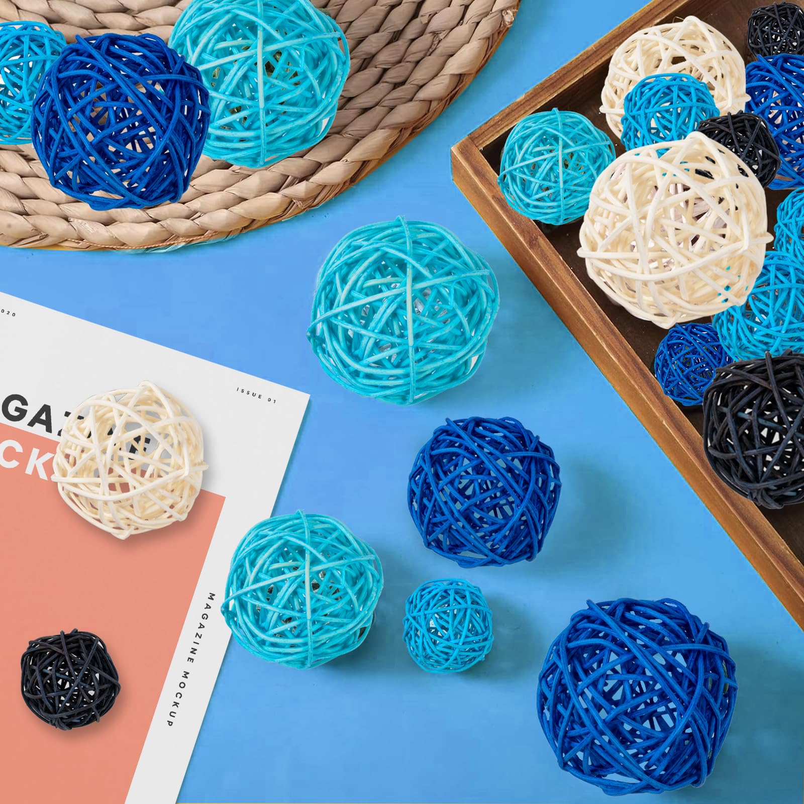 GuassLee Decorative Balls for Bowls Centerpiece, 24Pcs Blue Wicker Rattan Balls Vase Fillers Potpourri Bowl Filler for Home Bath