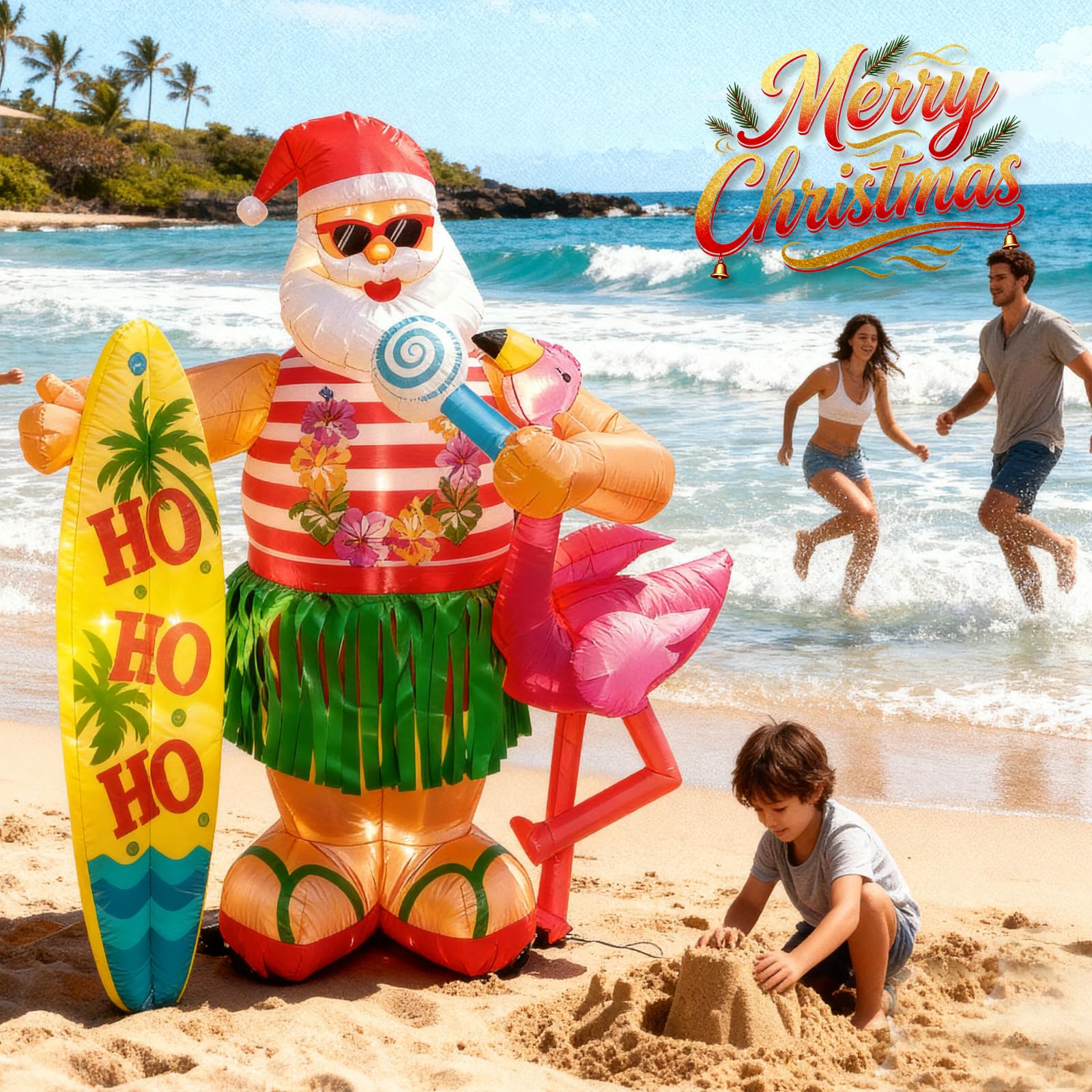 ZOOMATOOE 6FT Christmas Inflatable Hawaiian Santa Claus with Flamingo and Surfboard Outdoor Decoration, Tropical Blow up with Bu