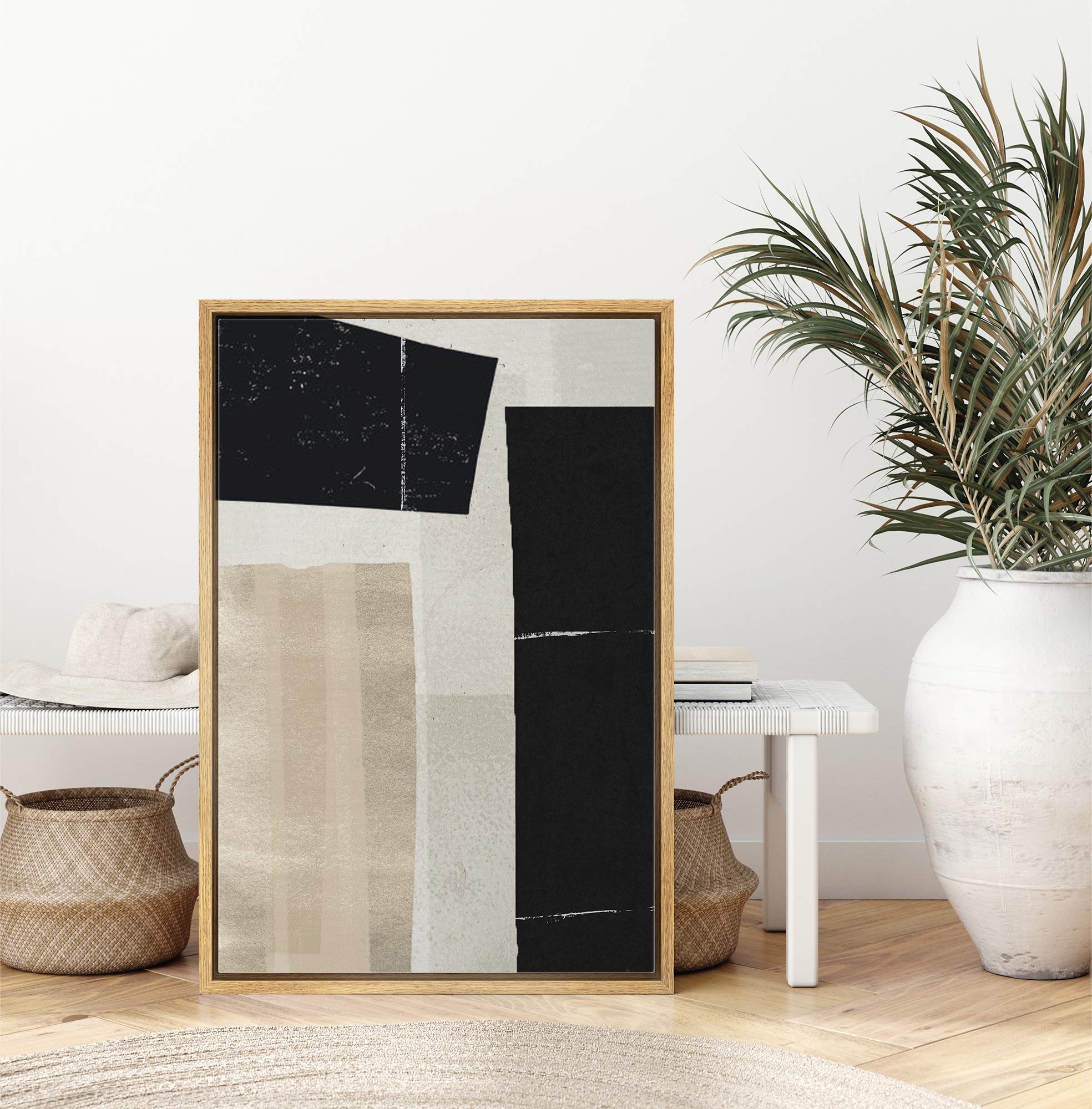 Idea4Wall Framed Canvas Print Wall Art Black, White & Beige Color Blocks Abstract Shapes Illustrations Modern Art Minimalist Mul