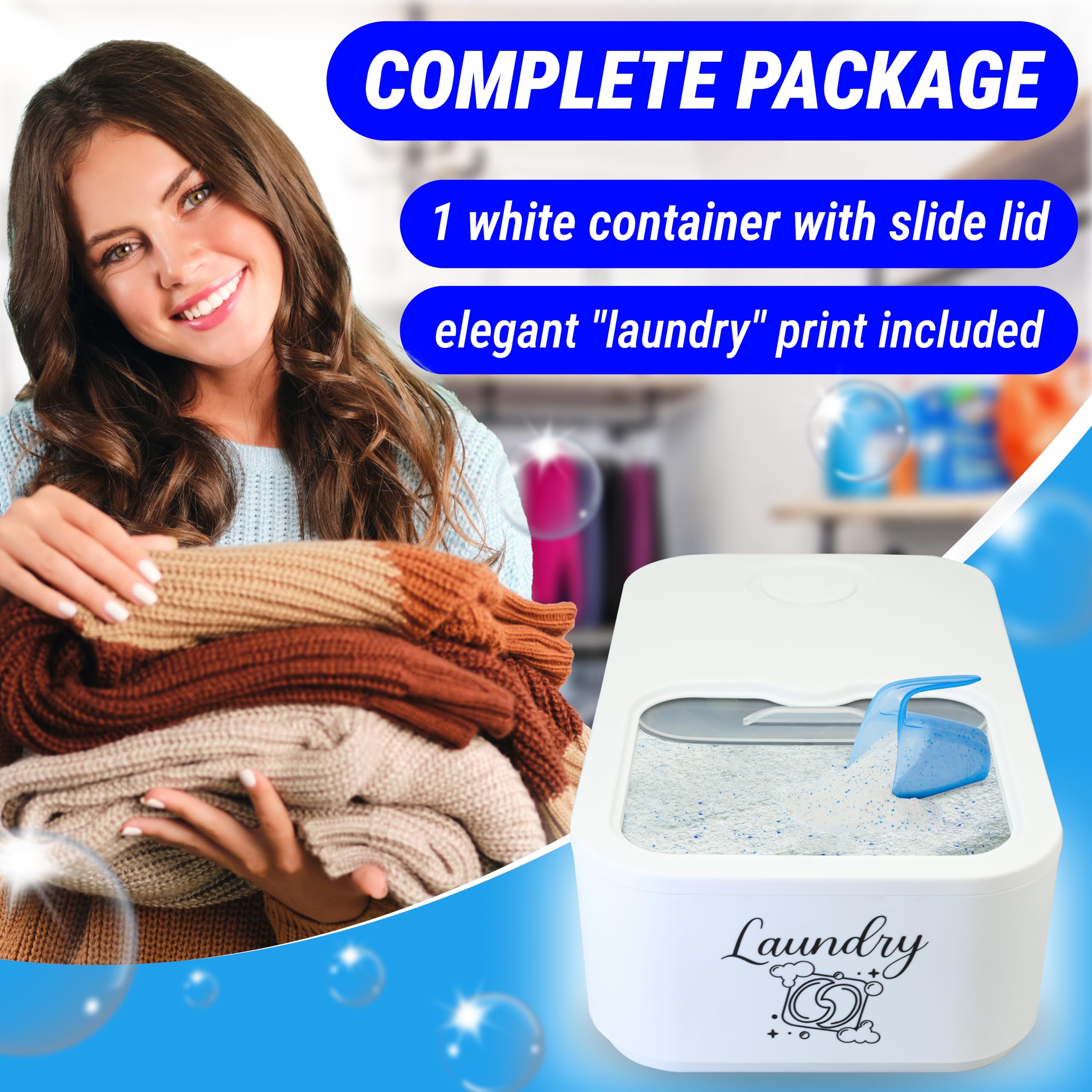 Skywin Laundry Pod Container With Slide Lid (White With Print) -15   X8.7   X4.5   - Holds 11 Pounds, Fits 2 Bottles Of Laundry