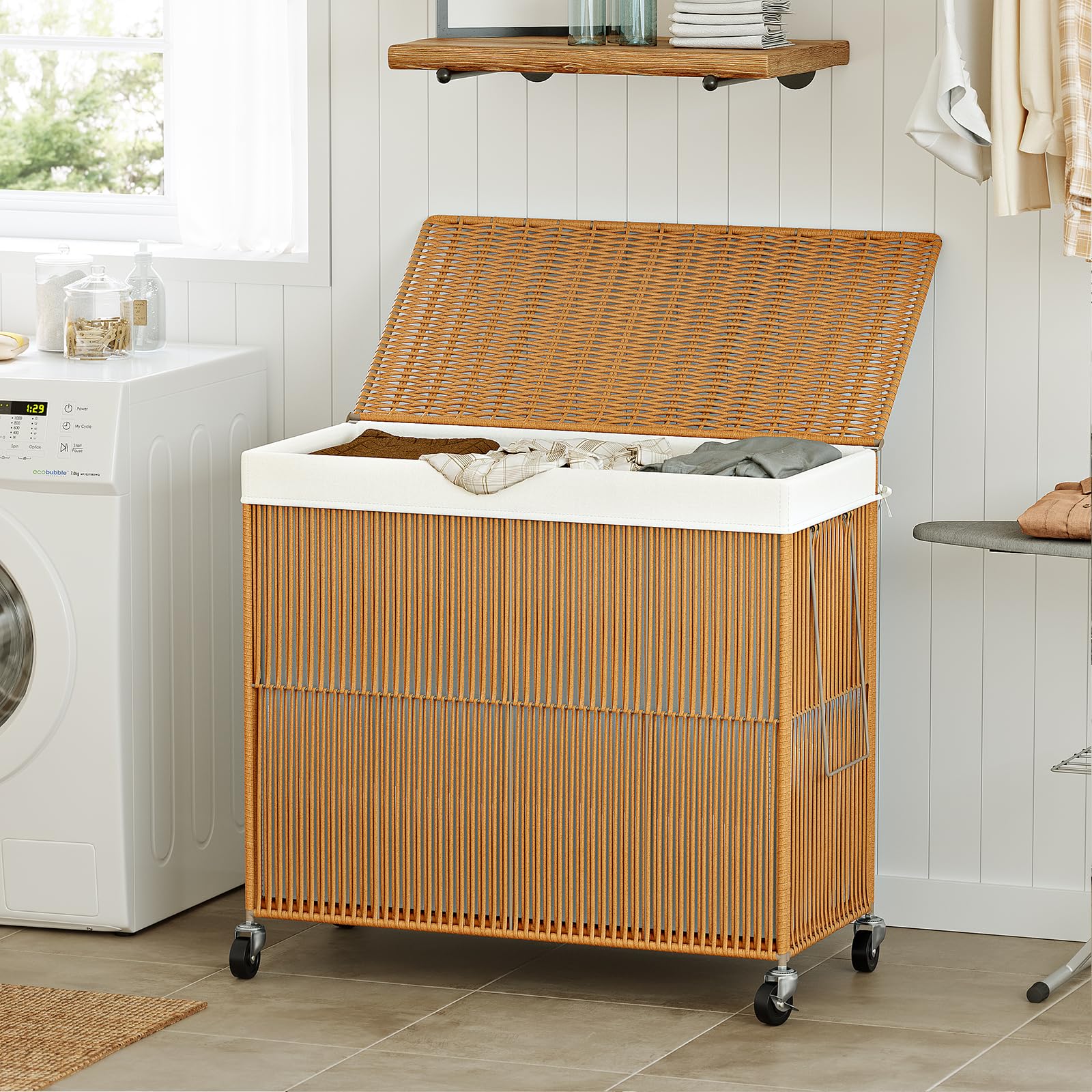 Wowlive Laundry Hamper With Wheels, 160L Handwoven Rolling Laundry Basket 3 Section With Lid, Clothes Hamper With Removable Line