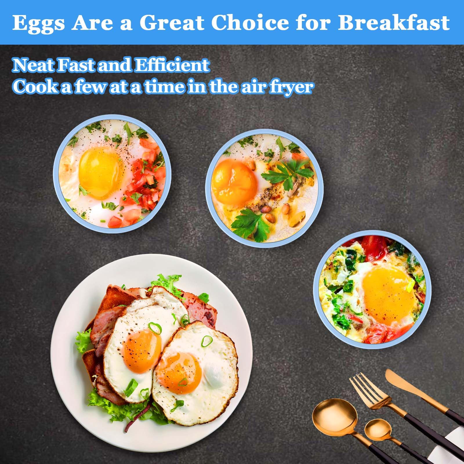 XANGNIER Silicone Air Fryer Egg Mold - 3 Pcs Nonstick BPA Free Egg Bites Pan, Dishwasher Safe, Blue