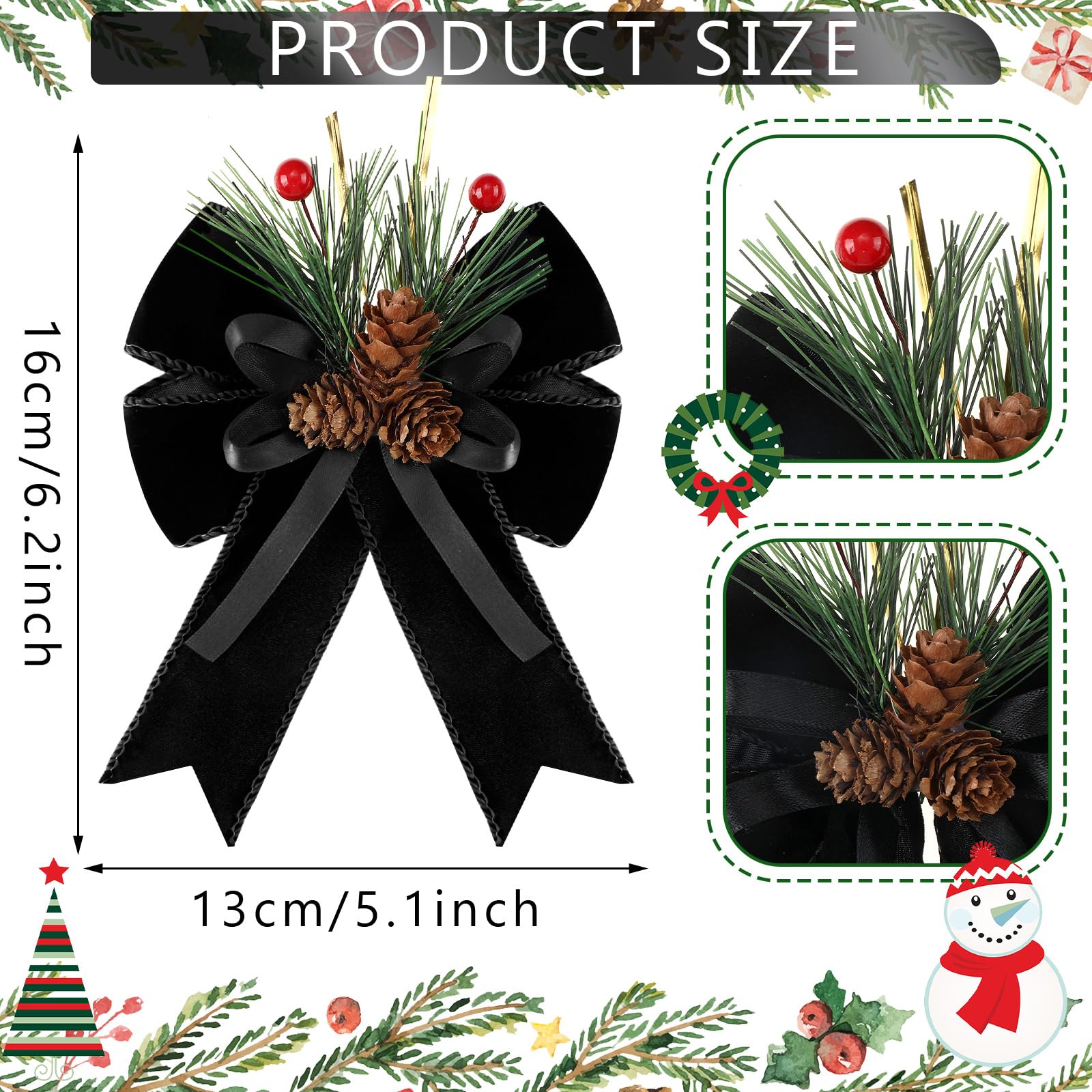 Syhood 6 Pcs Christmas Bows with Pine Cones Pine Needles Black Xmas Velvet Bows Elegant Ribbon Christmas Tree Wreath Decoration
