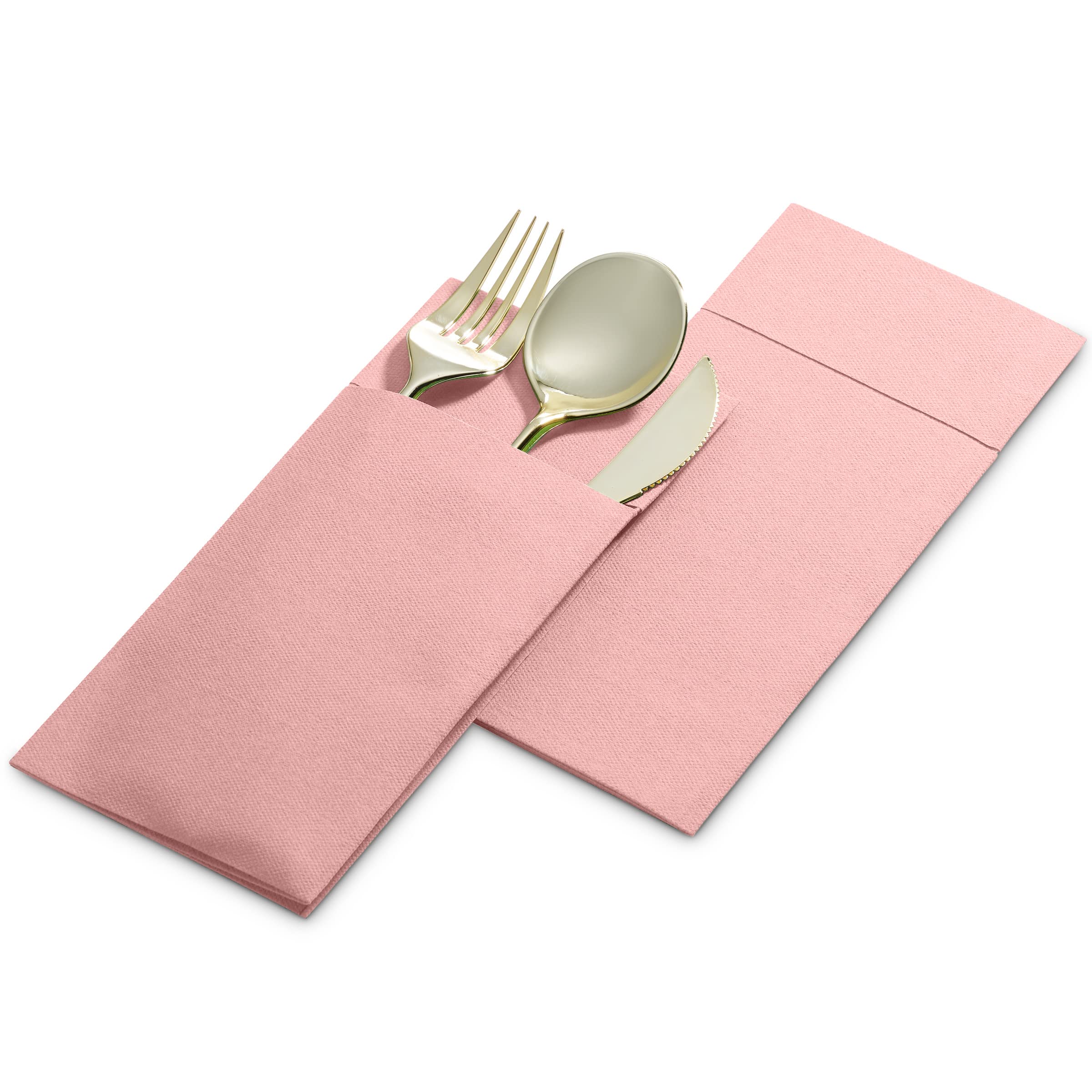 Disposable Linen-Feel Dinner Napkins with Built-in Flatware Pocket  50-Pack PINK Prefolded Cloth Like Paper Napkins For Dinner  Wedding Or Party [Silverware NOT Included]