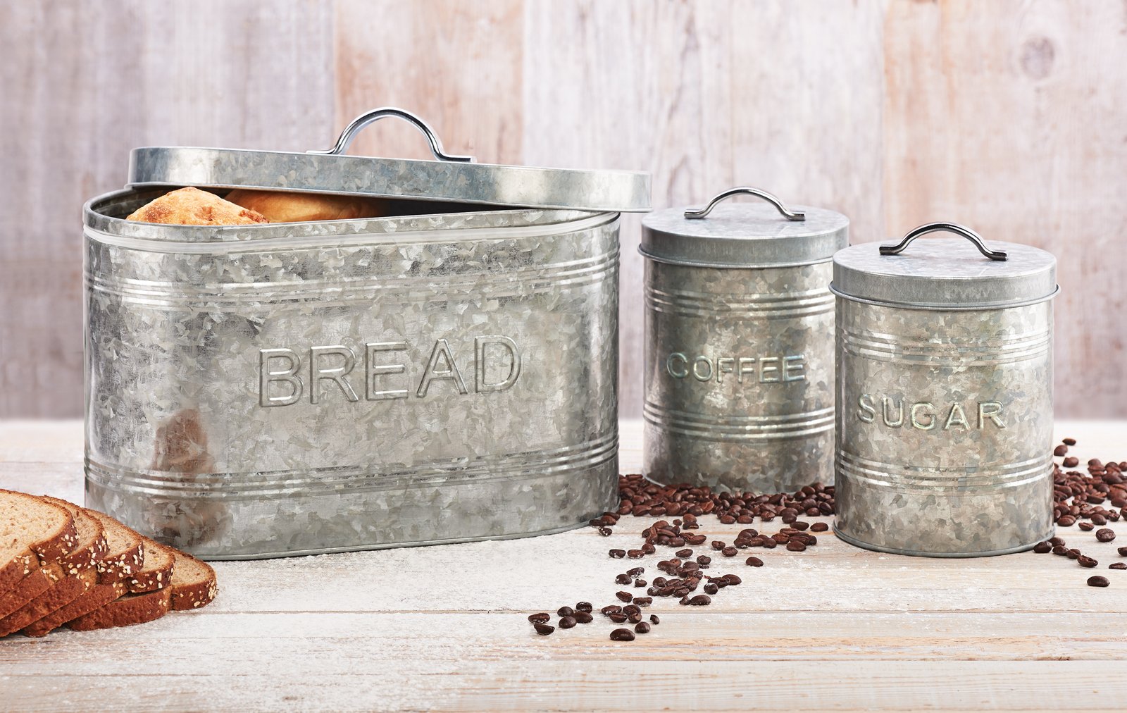 Amici Home Rustic Kitchen Coffee Metal Canister | Galvanized Metal Storage Container With Handle | 76 Ounce Capacity | Coffee Ca