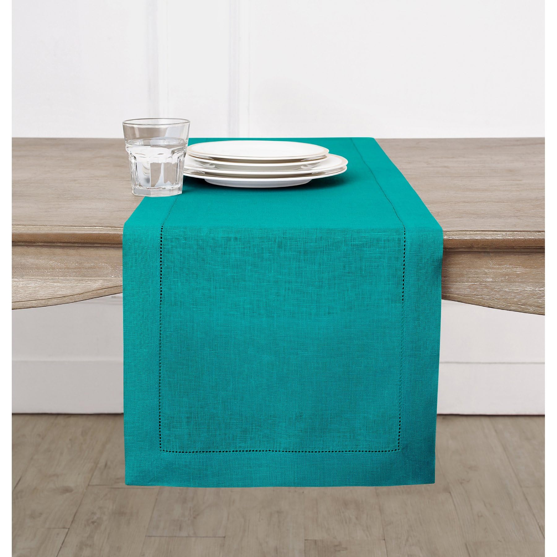 Solino Home Teal Linen Table Runner 120 Inches Long - 100% Pure Linen Classic Hemstitch Table Runner 14 X 120 Inch - Machine Was