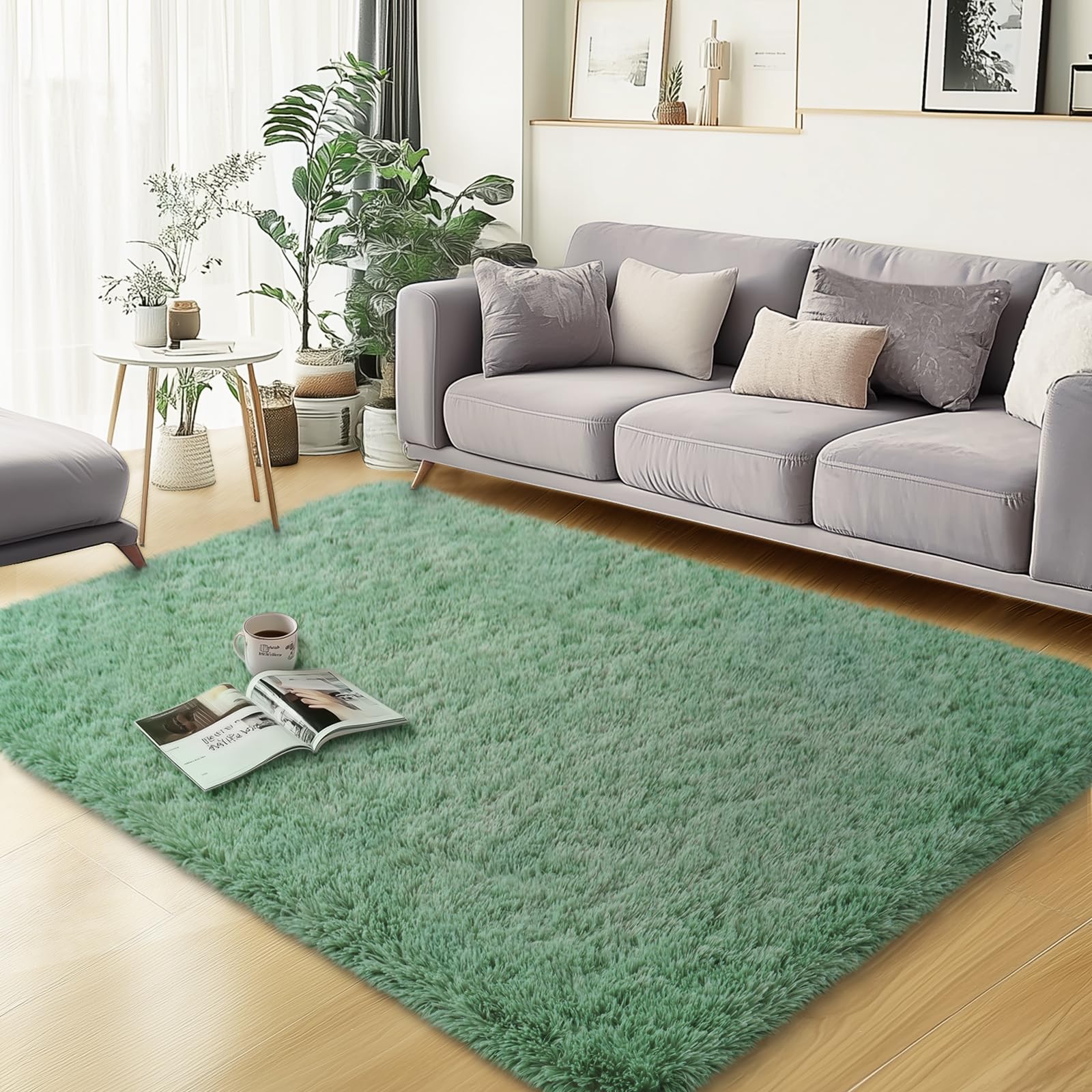 qulint 3x5 Area Rug for Bedroom, Fluffy Sage Green Rug for Living Room Cozy Shag Small Carpet for Nursery, Fuzzy Plush Shaggy Al
