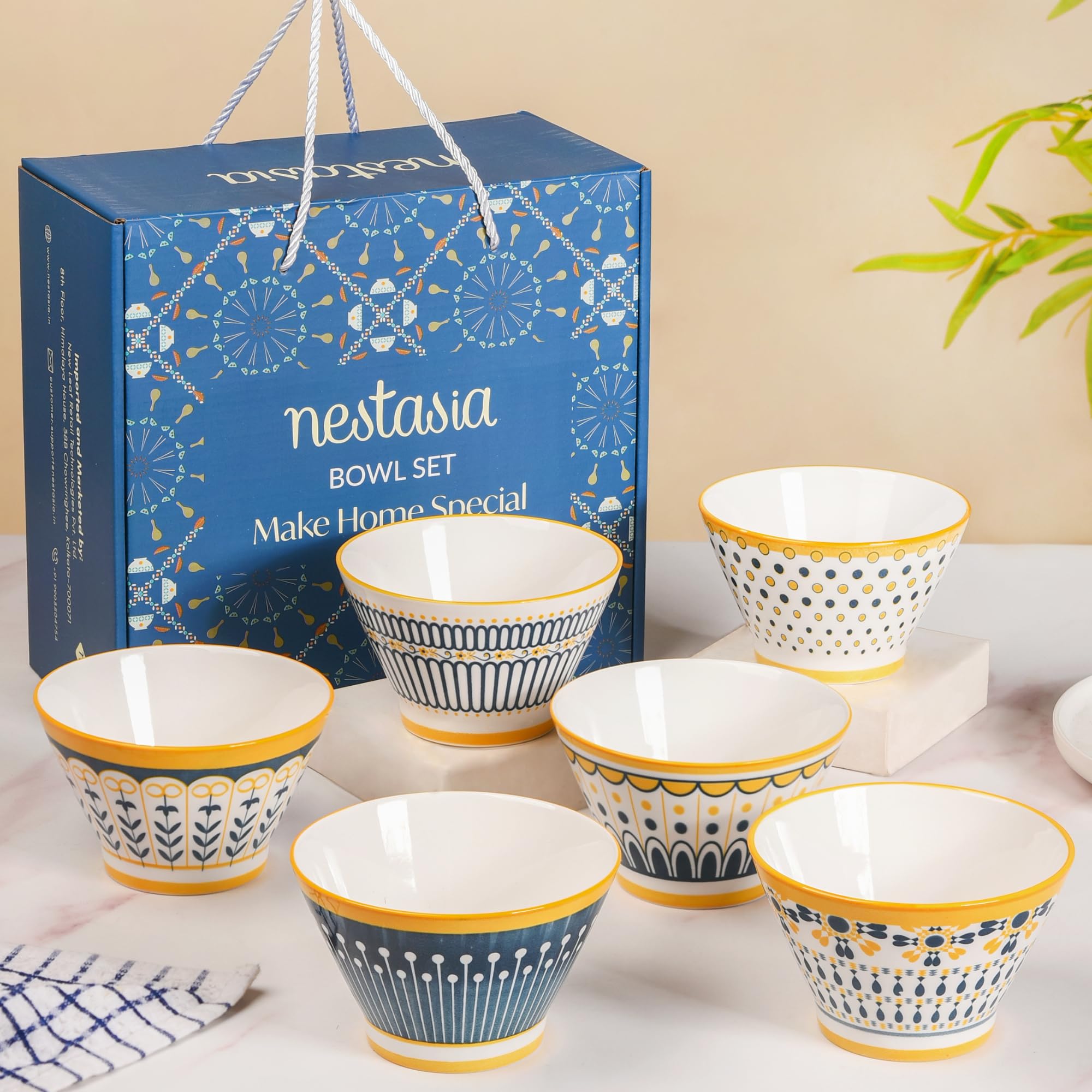 Nestasia Set of 6 Multicolor Aloha Ceramic Ramen Bowls for Serving Noodles, Ramen, Snacks, Soups, or Curries (Set of 6, 350ml Ea