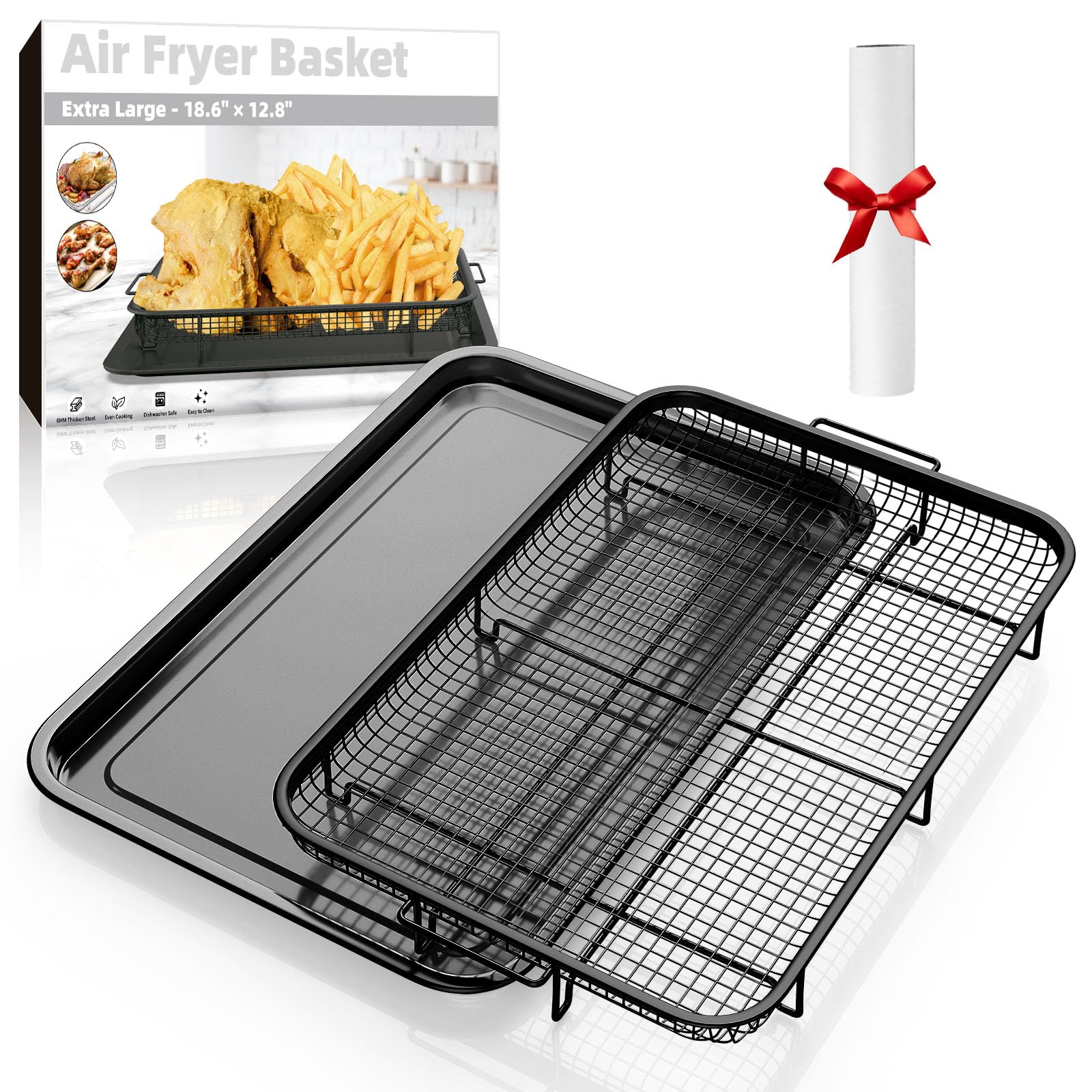 Air Fryer Basket for Oven, Extra Large 18.6 x 12.8 Oven Air Fryer Basket and Tray Set with 30 PCS Parchment Papers, Demaxia Stai