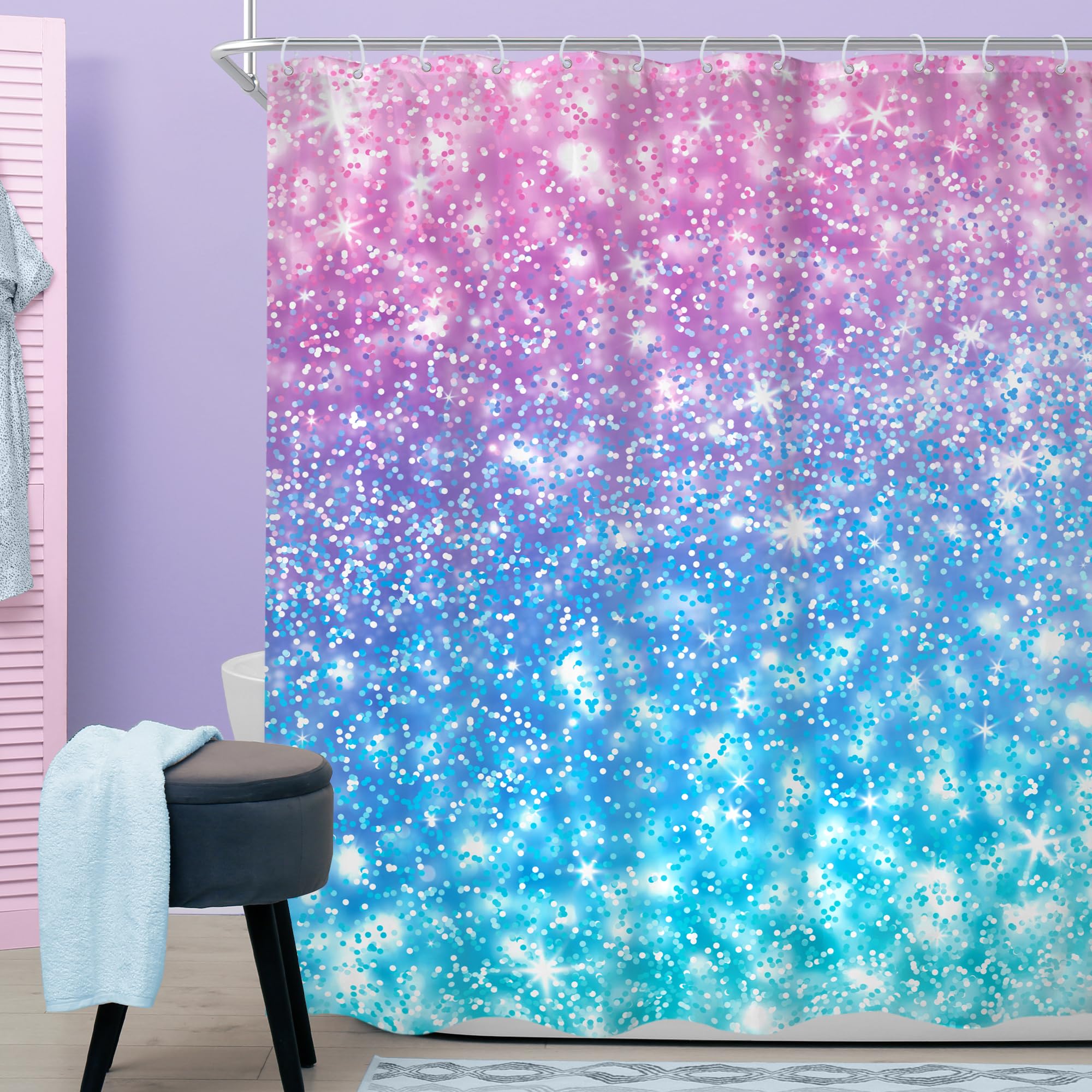 Cinbloo Kids Ombre Teal Shower Curtain 60Wx72H (Not Glitter) Colorful Turquoise Purple Shower Curtain For Girl Women Rainbow Pol