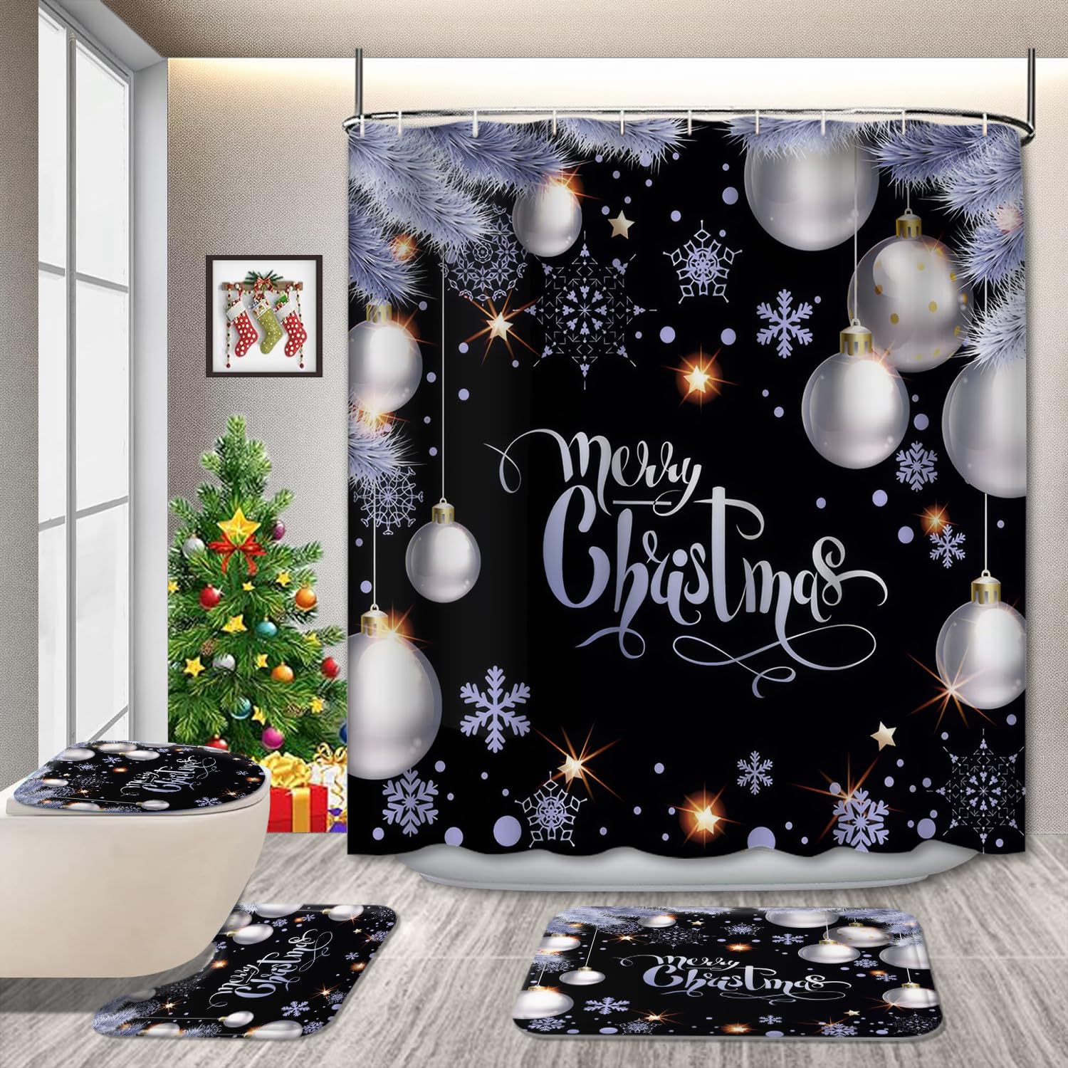 Griekowe 4 Pcs Xmas Ball Black Background Christmas Shower Curtain Set With Non-Slip Rugs, White Snowflake Winter Holiday Festiv