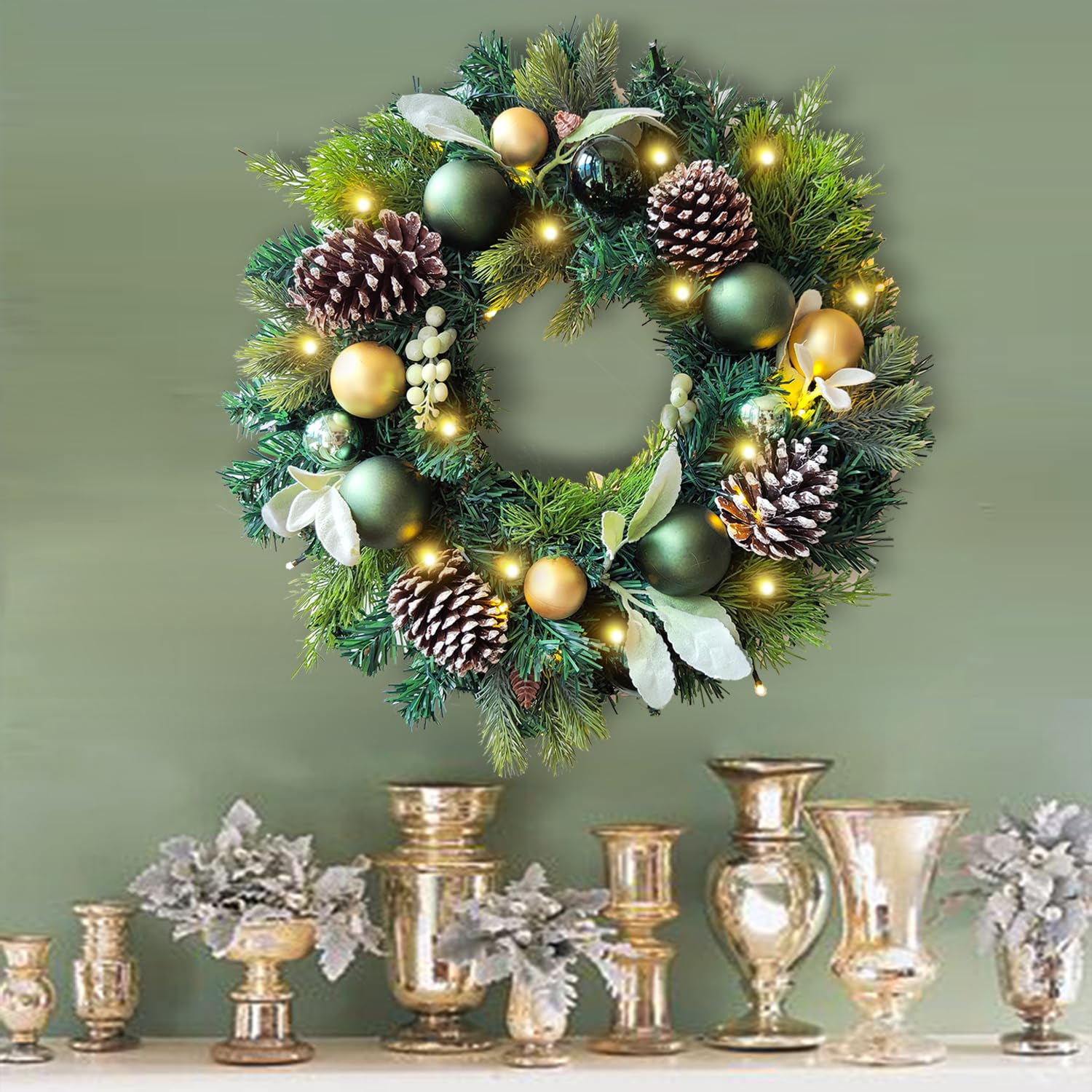 WANNA-CUL Pre-Lit 20 Inch Lighted Christmas Wreath for Front Door Decoration with Green Gold Christmas Ball Ornaments,Battery Op