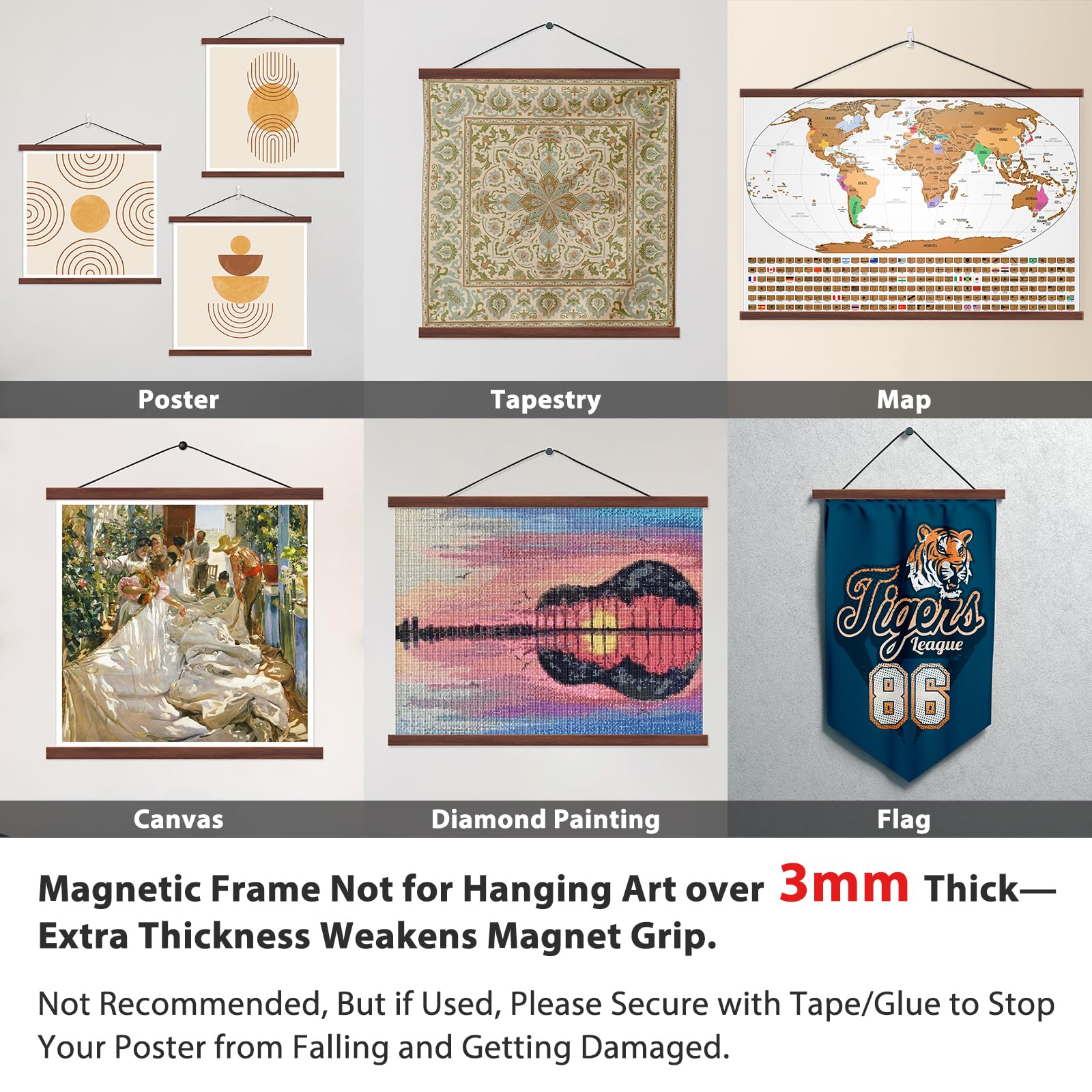 Magnetic Poster Hanger Frame 9 Inch Wide, Walnut, Strong Magnet, Premium Wood And Quick Assembly, Wall Hanging Wooden Frame For