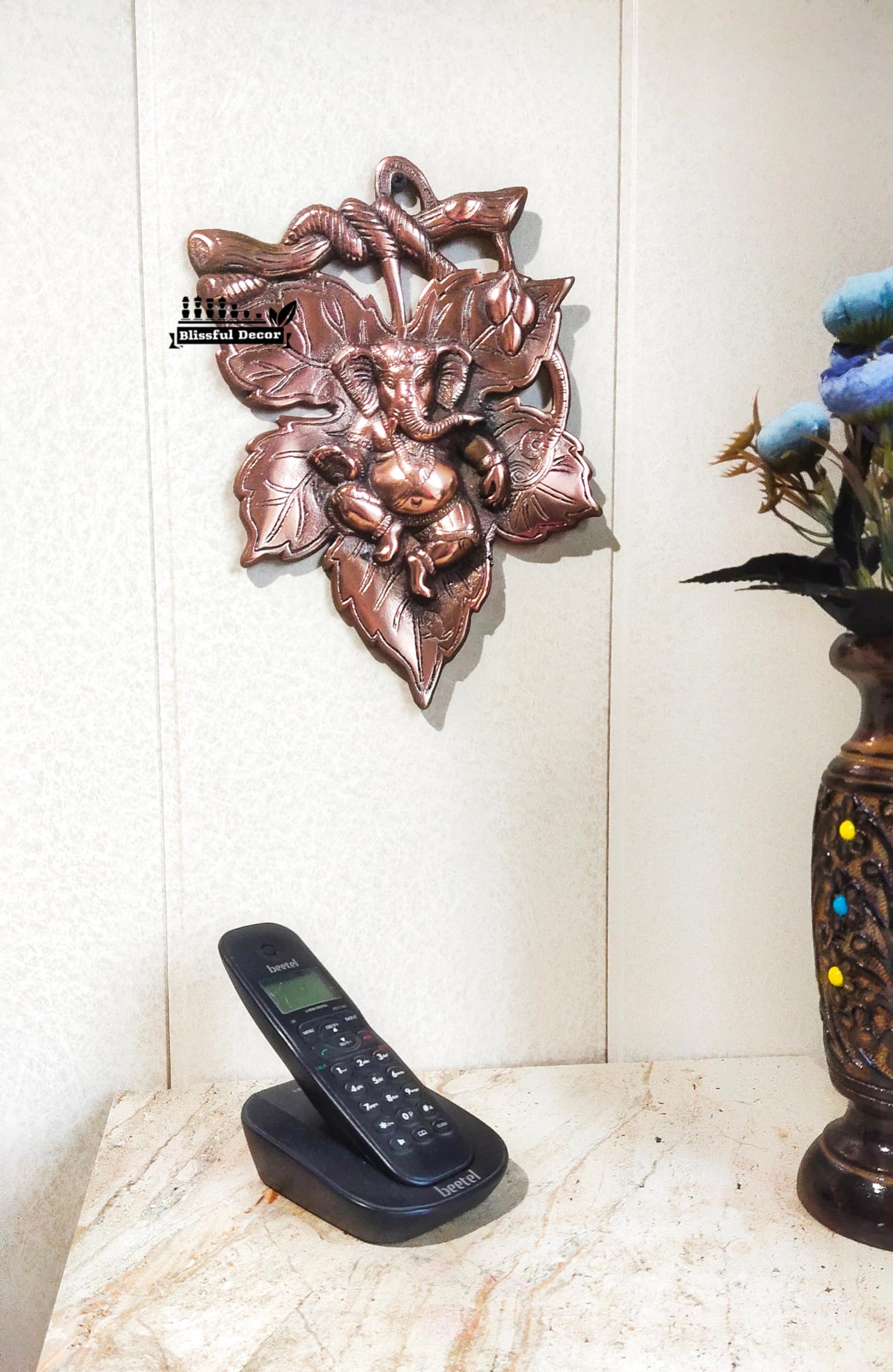 Blissful Decor Presents God Ganesha On Leaf Metal Wall Hanging Sculpture | Lord Ganesh Idol Home Decor Ganpati Lucky Feng Shui W