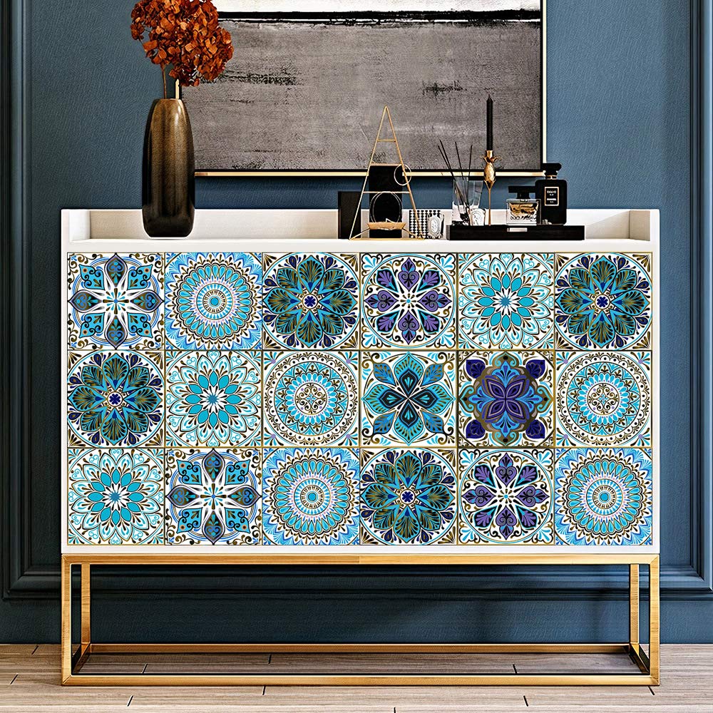 Kakofaci Mandala Style 12 Pcs (6X6 In) Decorative Tile Stickers, Peel And Stick Self Adhesive Removable Moroccan Talavera Tiles