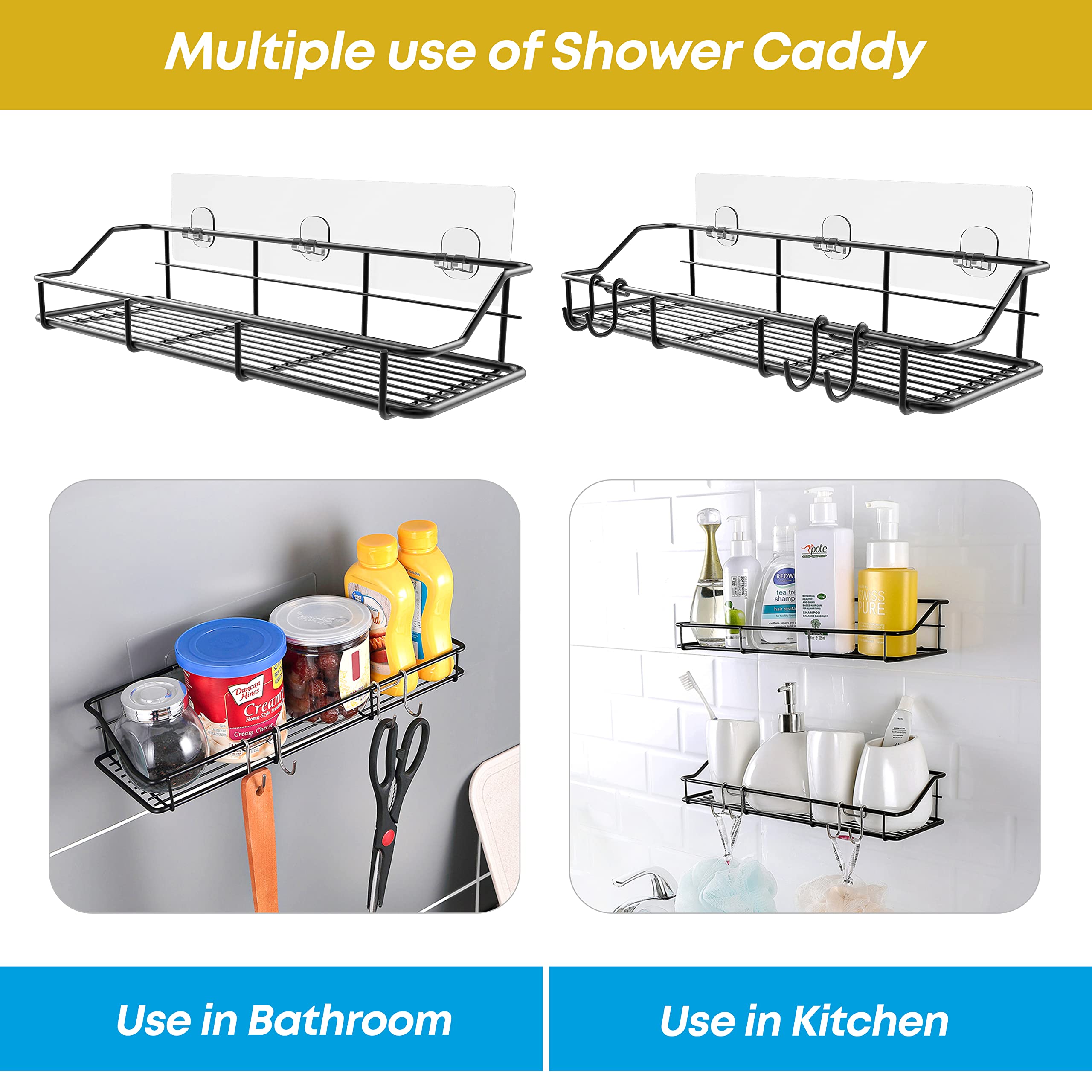 Kesol Adhesive Shower Caddy Shower Shelf Shower Organizer With Hooks, Sus304 Stainless Steel, 2 Pack (Black)