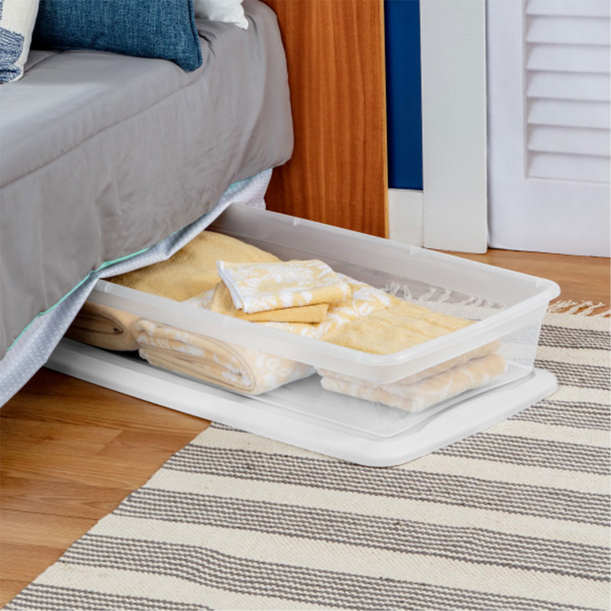 Sterilite 41 Qt Lightweight Underbed Storage Box, Stackable Bin with White Lid, Plastic Container to Organize Bedroom, Clear (12