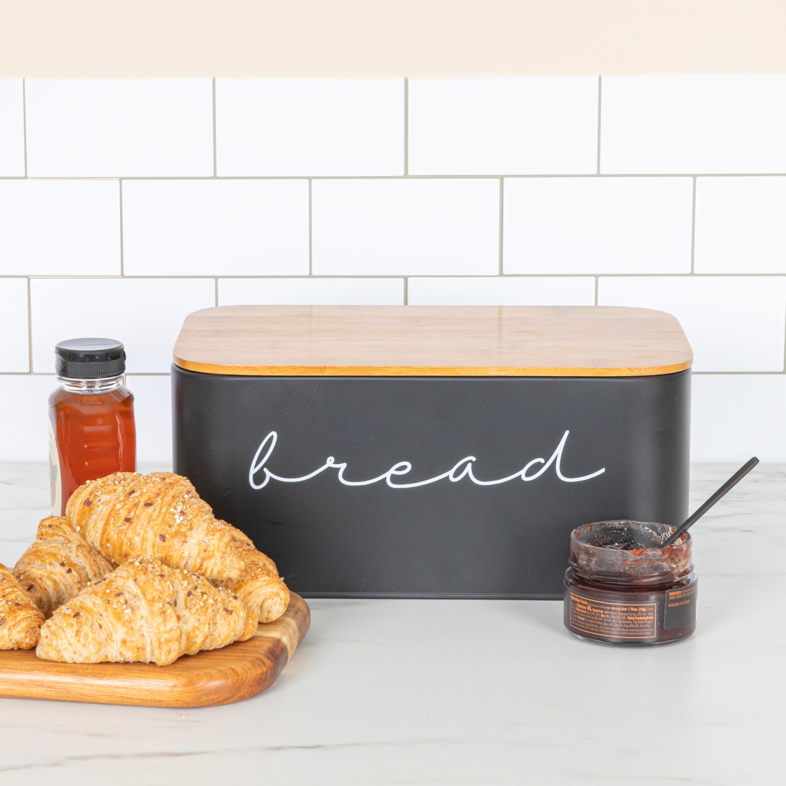 Bloomingville Metal Bin With Bamboo Lid, Black Bread Box, 11.75'' L X 5.25'' W X 7'' H