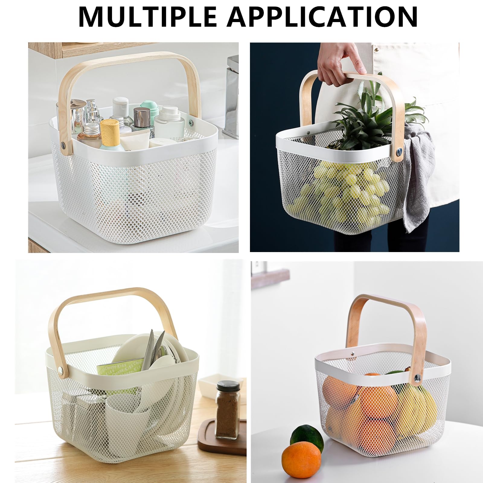 Yopay Mesh Steel Fruit Basket Bin With Wood Handle, White Hanging Storage Organizer, Farmhouse Harvest Gardening Basket For Cabi