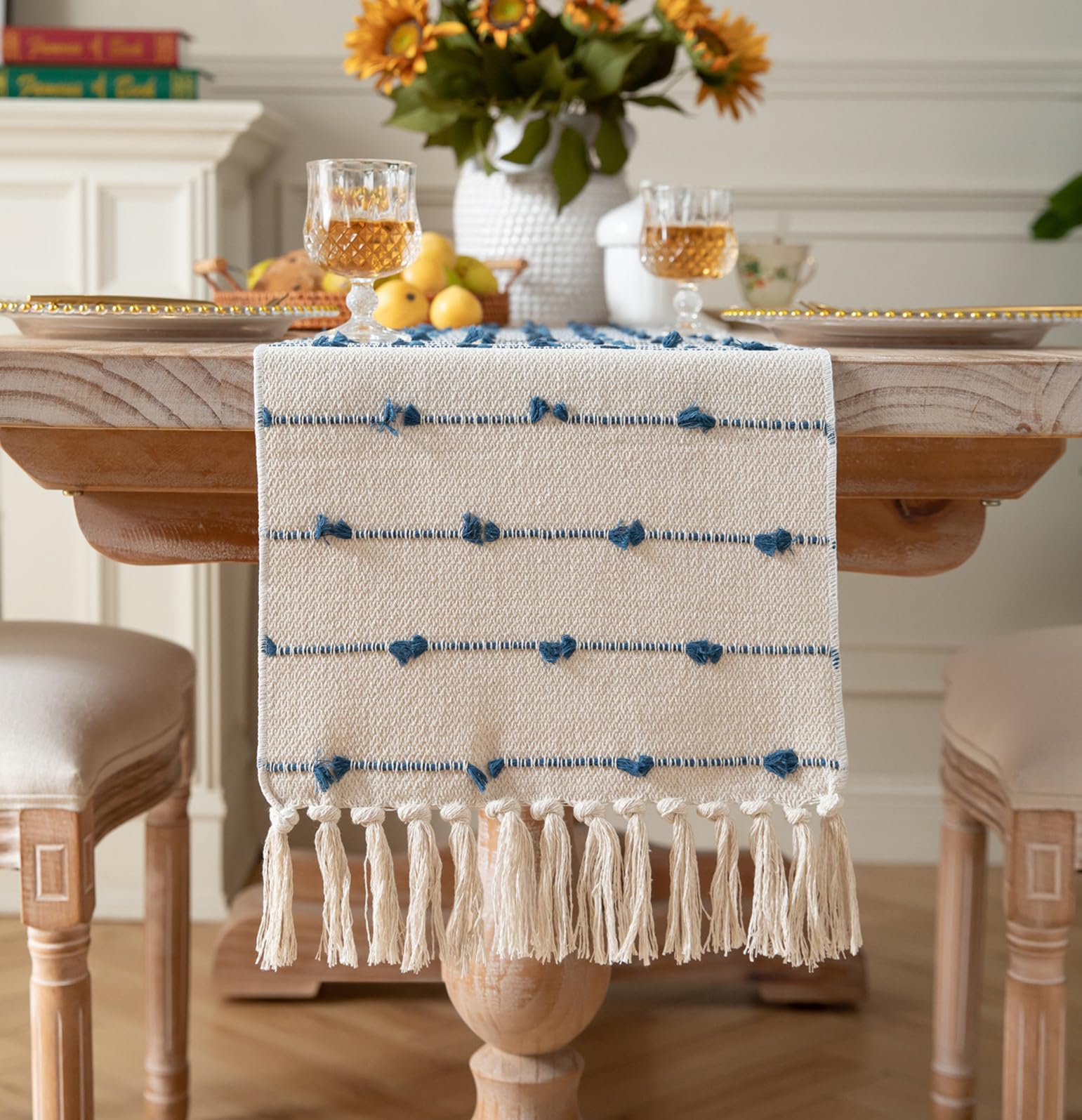 Caflife Boho Table Runner 90 Inchs Long for Modern Farmhouse Room Home Decor, Blue and Beige Coffee Table Runner, Natural Cotton