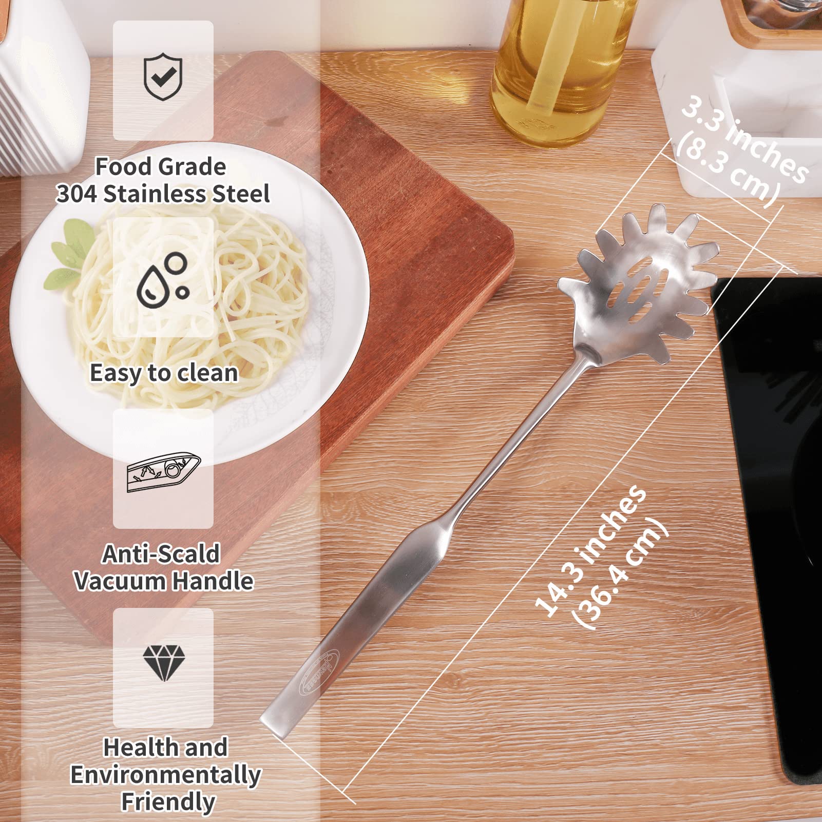 Spaghetti Server, [Rustproof, Integral Forming, Durable] Newness 304 Stainless Steel Pasta Fork With Vacuum Ergonomic Handle, Co