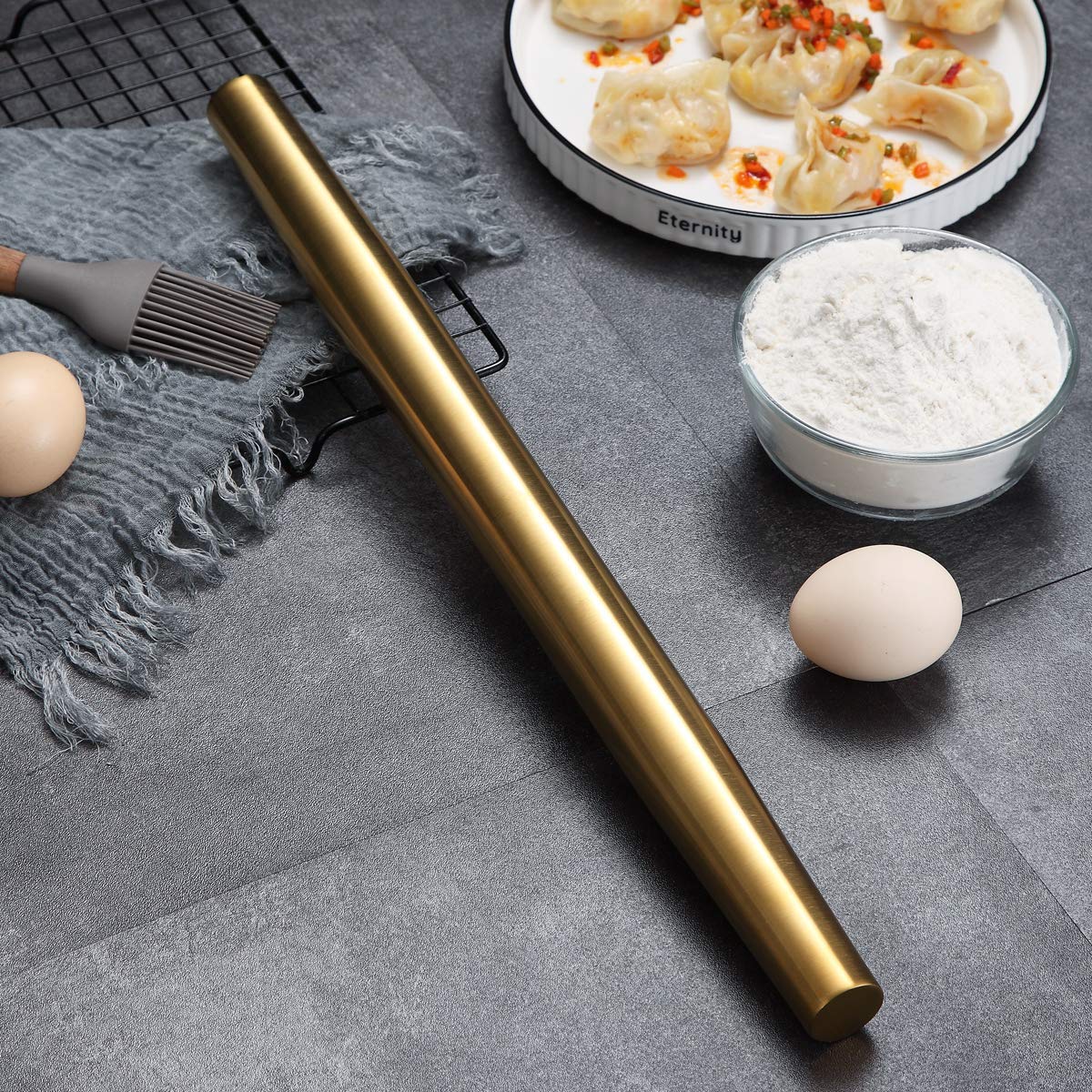 Berglander Gold Rolling Pin, 16.7 Inches Stainless Steel Matte Finish With Gold Titanium Plating Rolling Pin For Baking, Pizza,