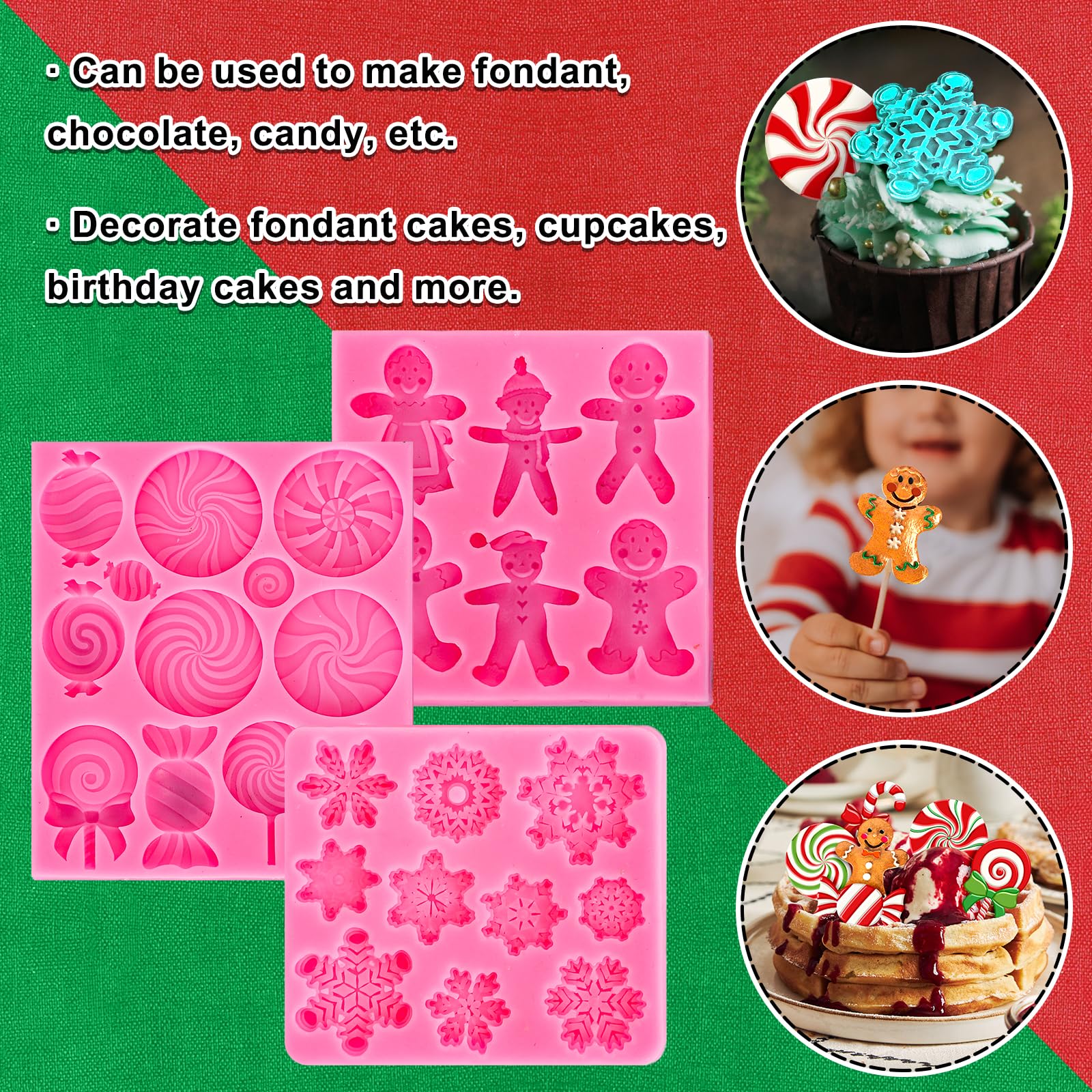 Whaline 3Pcs Christmas Candy Fondant Mold Pink Gingerbread Man Snowflake Silicone Mold Assorted Chocolate Candy Mould For Xmas W