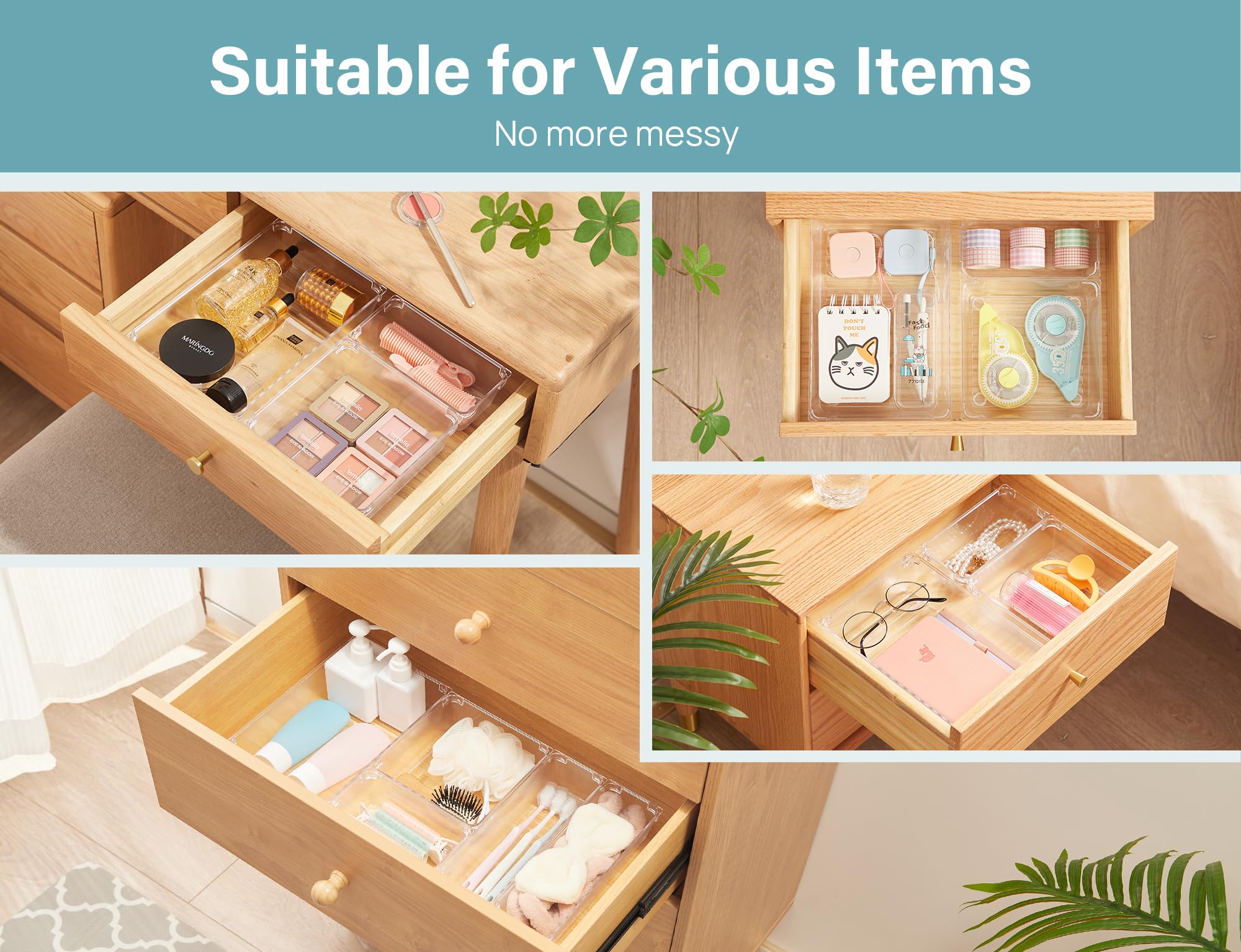 Kootek 9 Pcs Drawer Organizer Set, 4-Size Bathroom Drawer Organizers Makeup Trays Vanity Desk Dividers Versatile Storage Bins Cl
