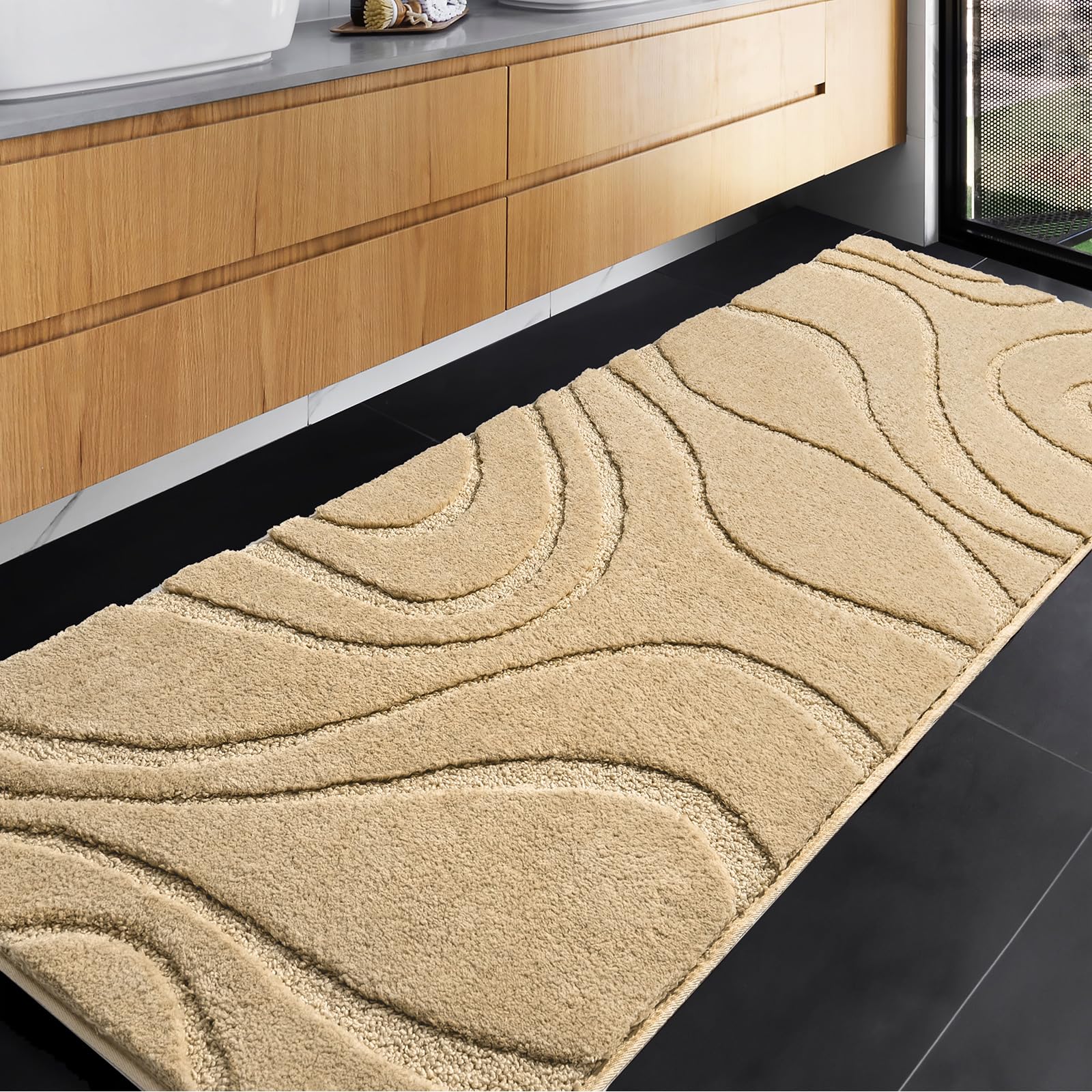Dexde Bathroom Rugs Runner 24 X 60 Inch, Extra Long Bathroom Rug Non-Slip, Machine Washable Bath Mats Rug, Beige Soft Carpets Fo
