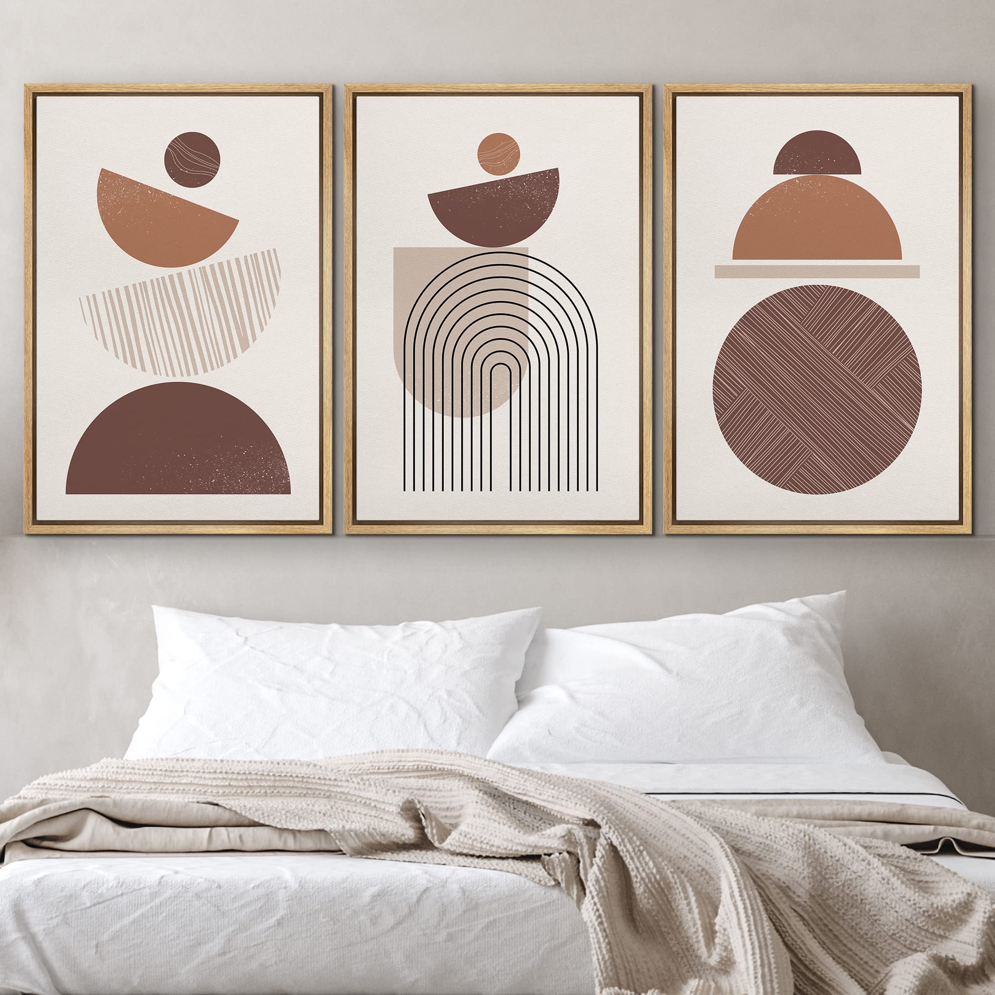 Idea4Wall Framed Canvas Print Wall Art Set Mid-Century Brown Pastel Geometric Polygons Abstract Shapes Illustrations Bohemian De