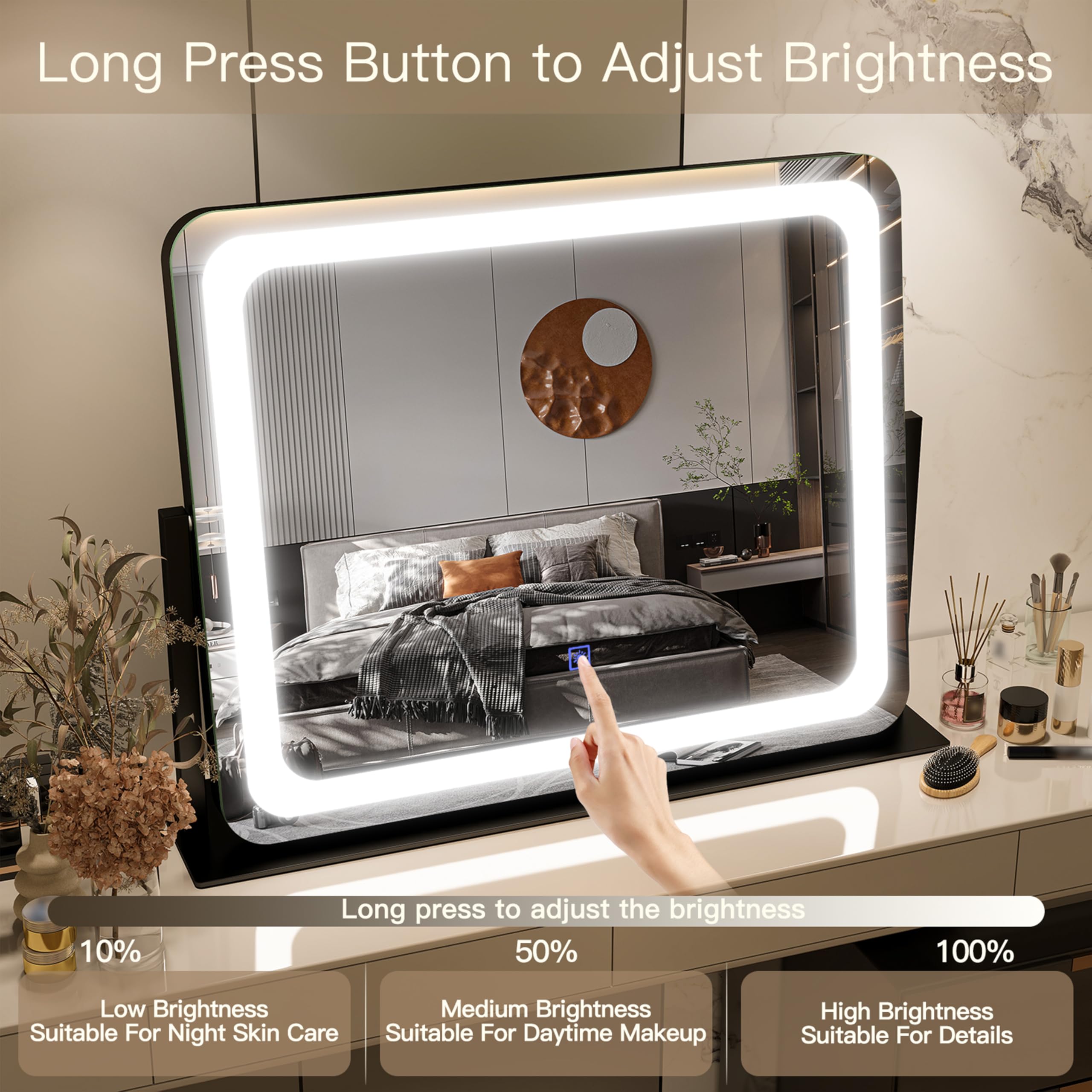 Fennio Vanity Mirror With Lights 22X17,Led Lighted Makeup Mirror,Large Makeup Mirror With Lights,Touch Screen With 3-Color Light