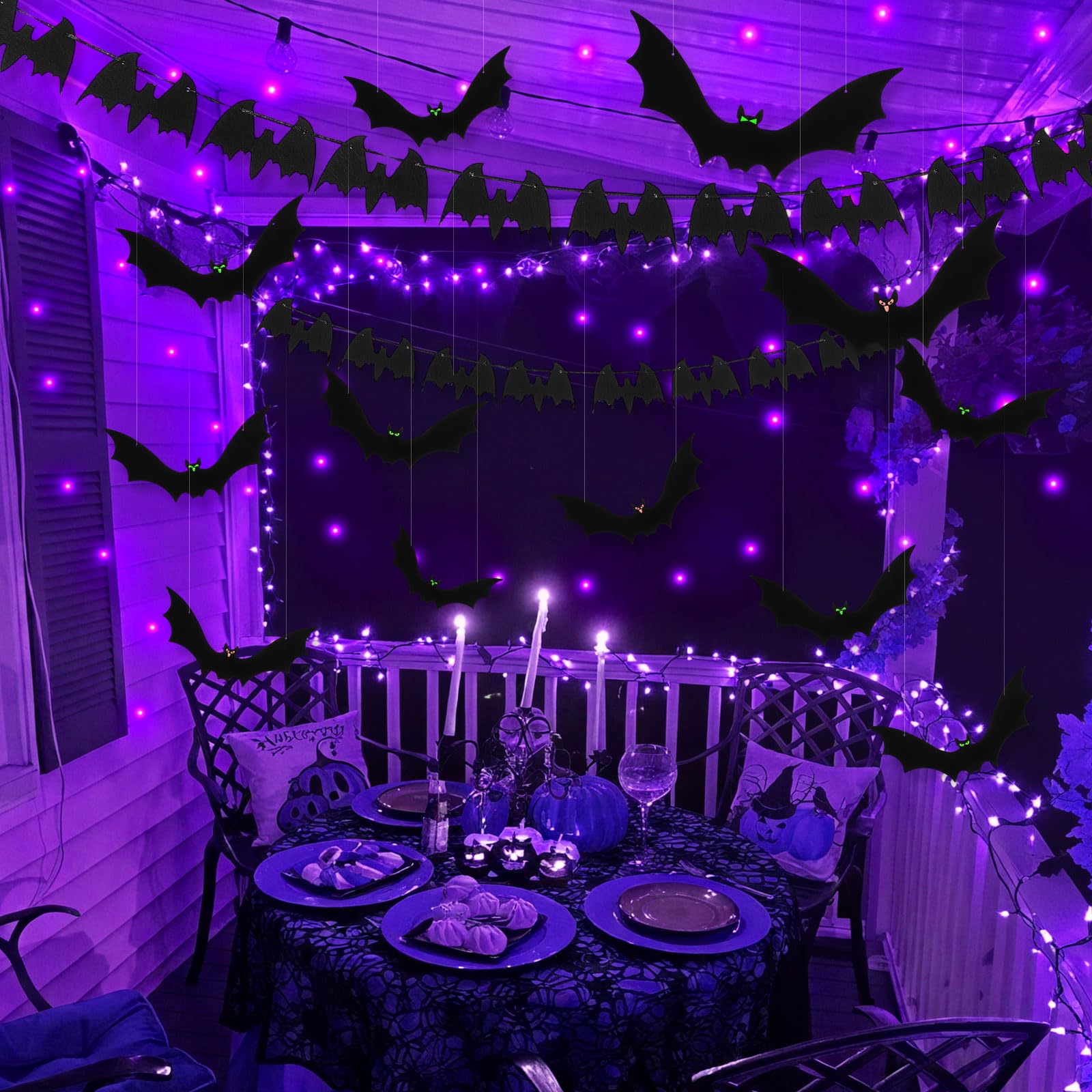 Pinkunn Halloween Decorations String Lights and 30 Pcs Hanging Bats Set Battery Operated Powered, 32 ft 100 Count LED String War