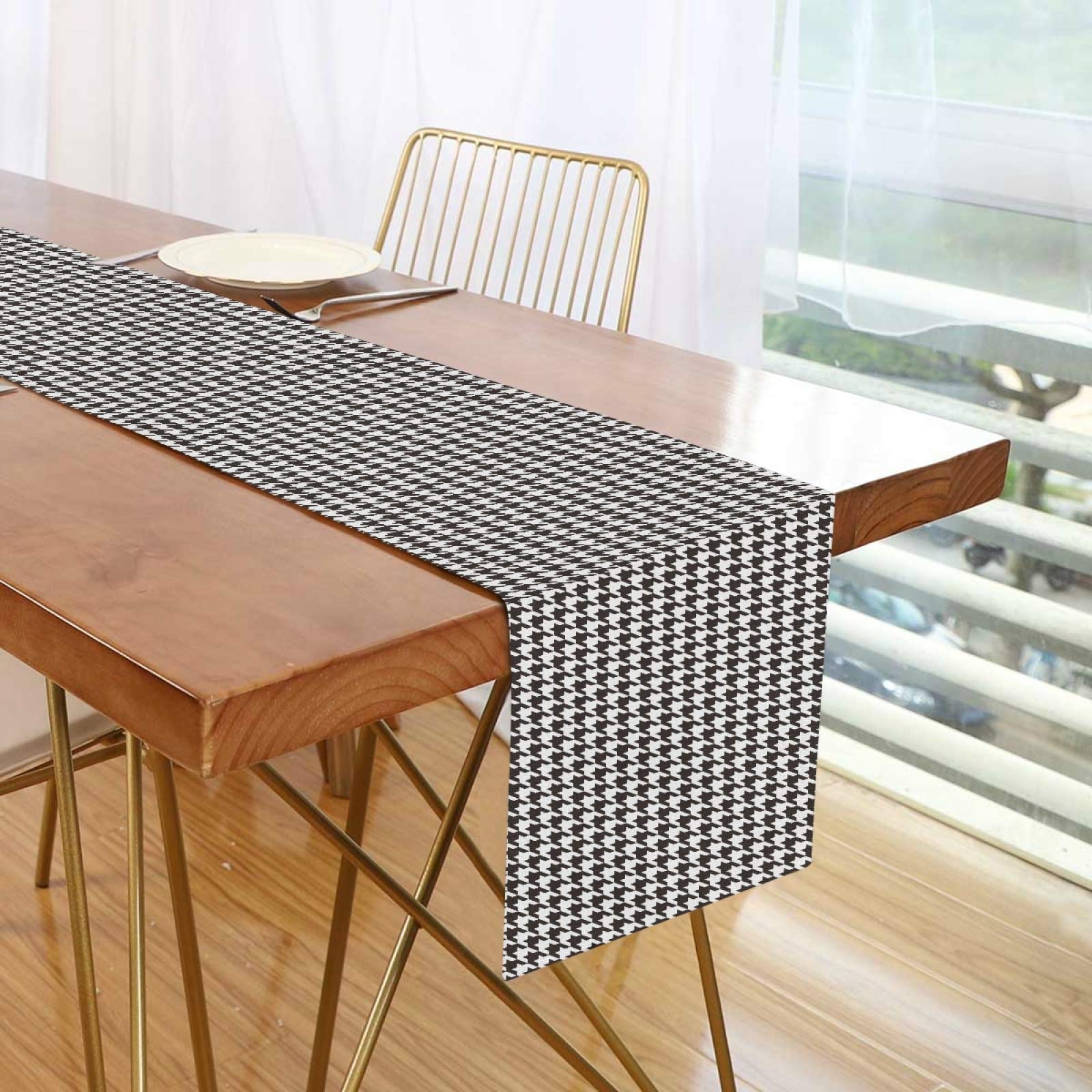 Junzan Table Runner Houndstooth Black And White Deco For Wedding Party Dinner Holidays Kitchen Fit Rectange And Round Table70 X