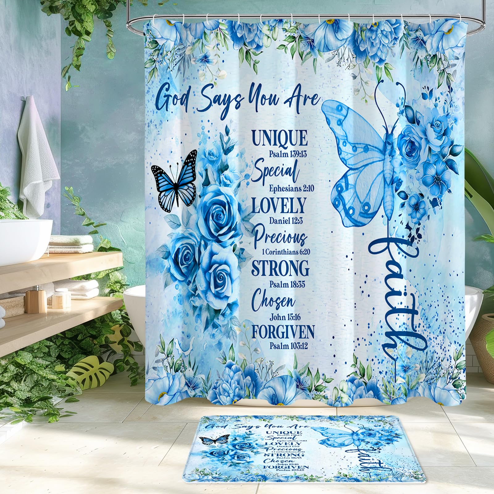 Litabel 4 Pcs Blue Butterfly Inspirational Quotes Shower Curtain Set With Rugs And Toilet Lid Cover, Colorful Boho Waterproof Fa
