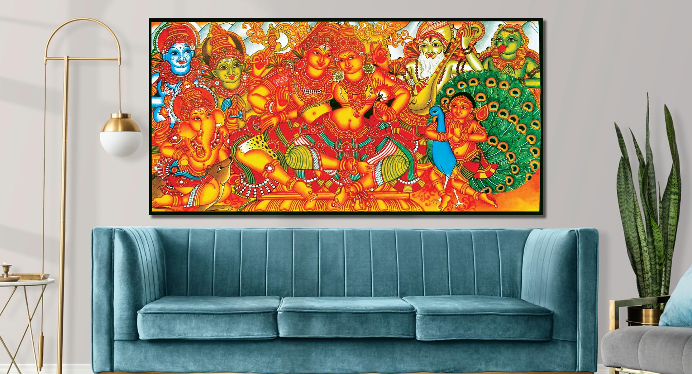 Namaste Home - Canvas Painting - Shiv & Parvati - Indian God - Traditional Art - Kerala Mural Art - Living Room Wall Decor, 34x1