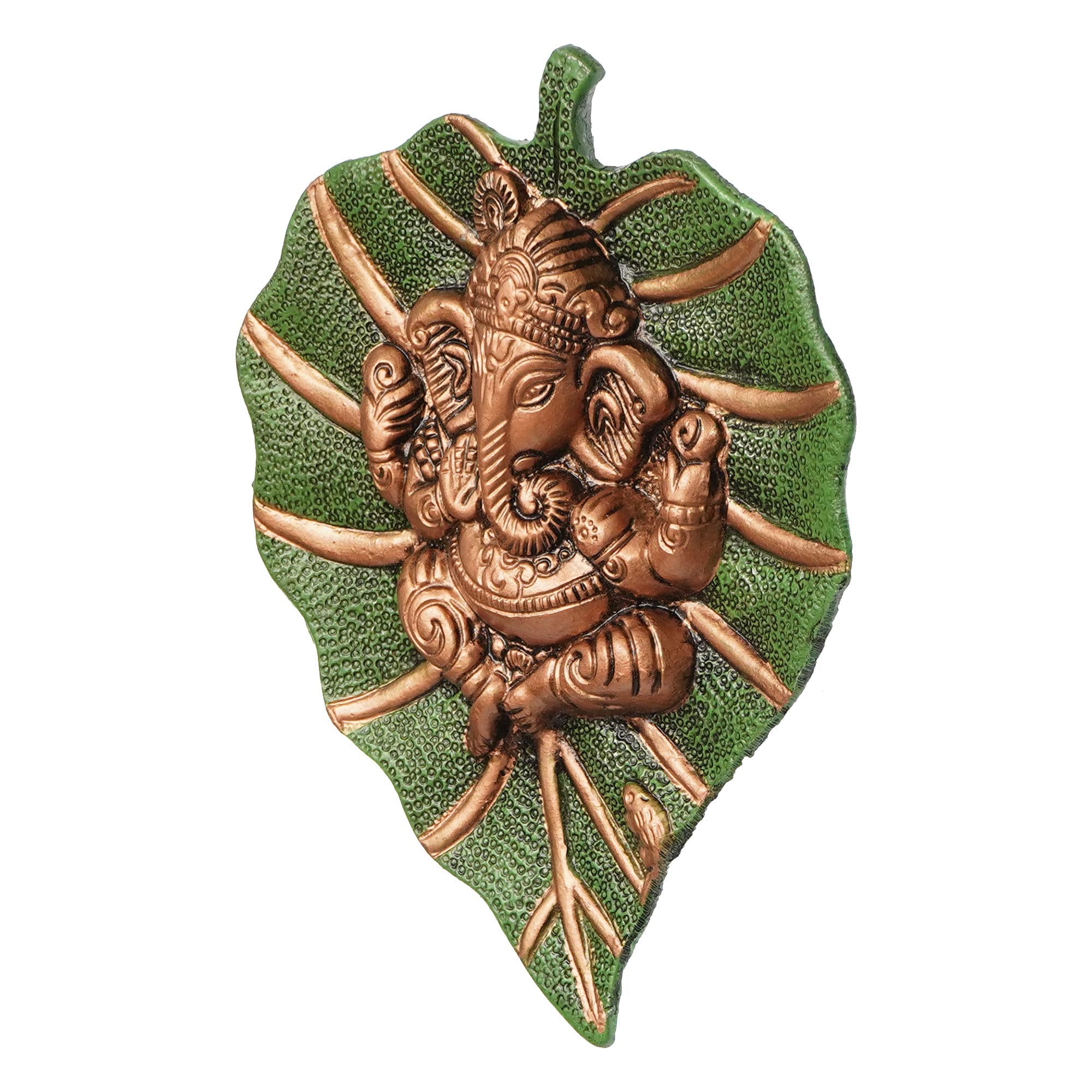 Ecraftindia Metal Brown Lord Ganesha Idol On Green Leaf Ganesha Wall Hanging Decorative Showpiece For Wall Decor- Diwali Decorat