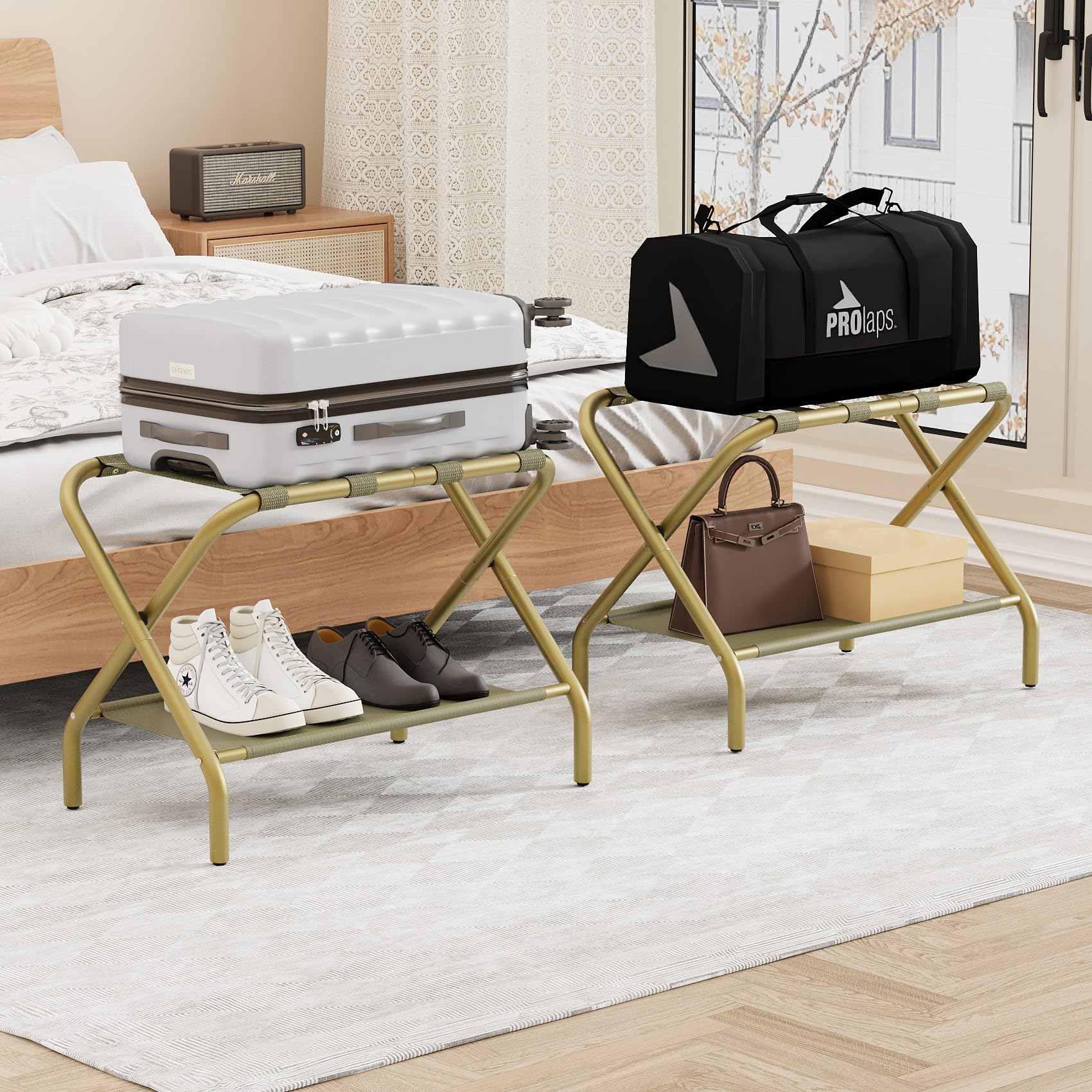 Smuxee Gold Luggage Rack Pack Of 2, Foldable Suitcase Stand With Fabric Storage Shelf, Luggage Holder With 4 Nylon Straps For Ho