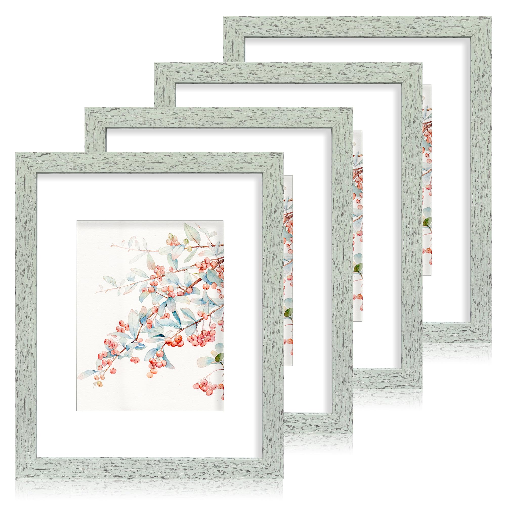 Hongkee 11x14 Picture Frame Set of 4, Made of Sage Green Wooden Frame, Display 8x10 Pictures with Mat or 11 x 14 Posters without