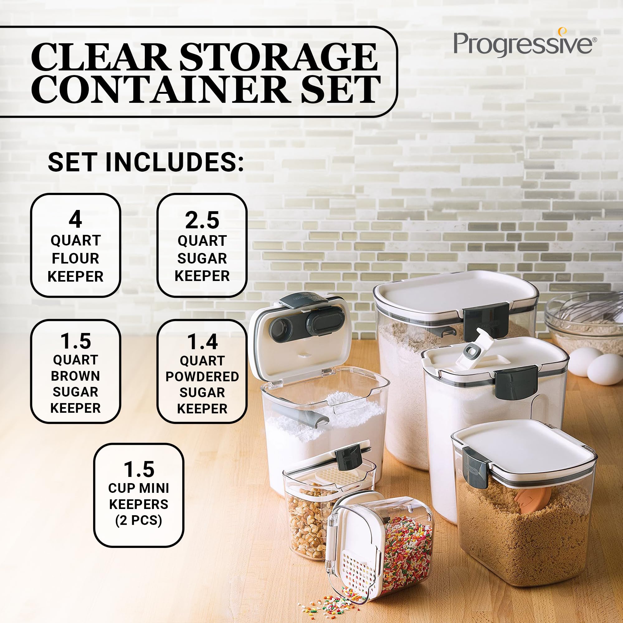 Progressive International Prepworks Prokeeper Kitchen Clear Plastic, Airtight Food, Flour And Sugar Storage Container Set, 6 Pie