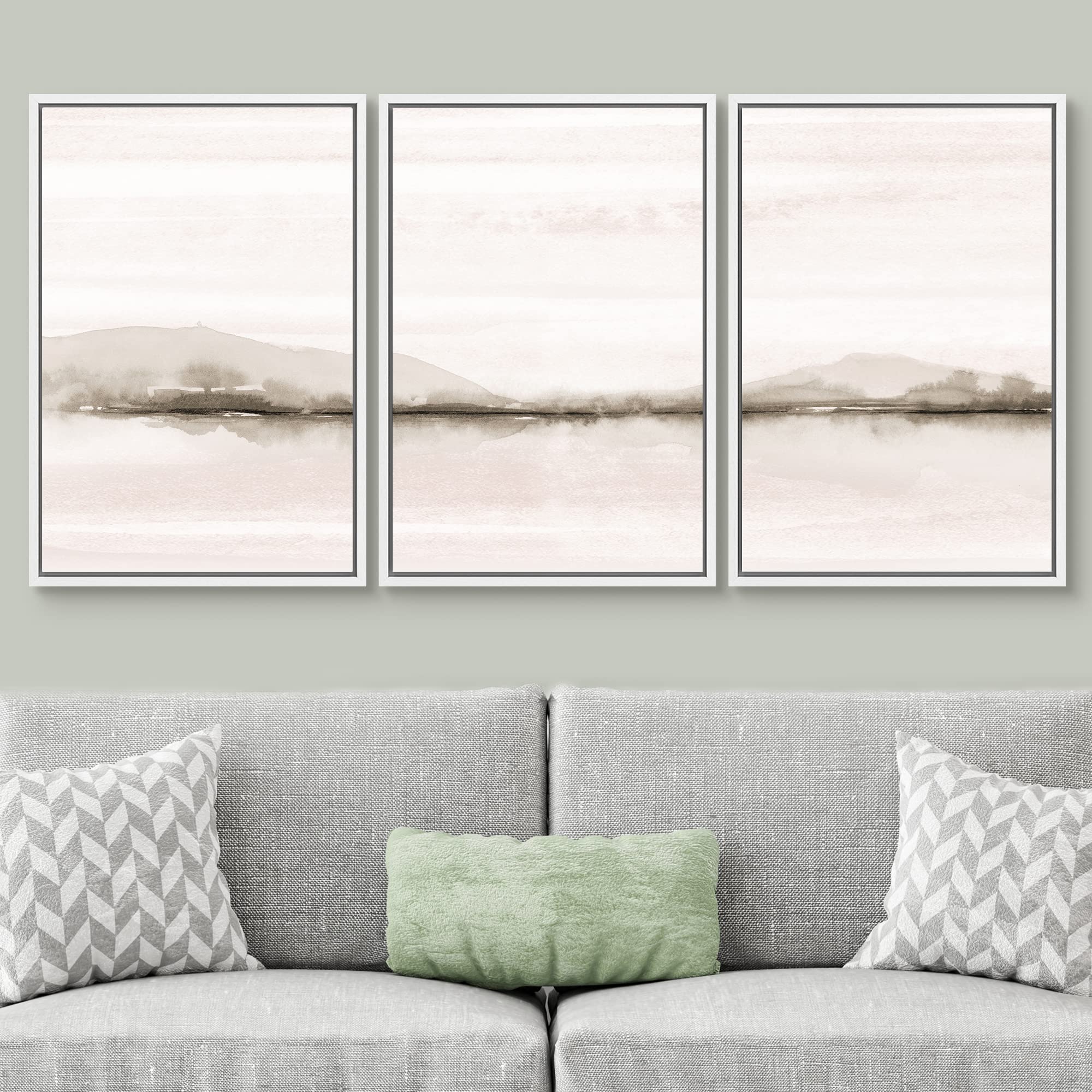 Signwin Framed Canvas Print Wall Art Set Pastel Sunset Mountain Forest Lake Nature Wilderness Illustrations Modern Art Rustic Sc