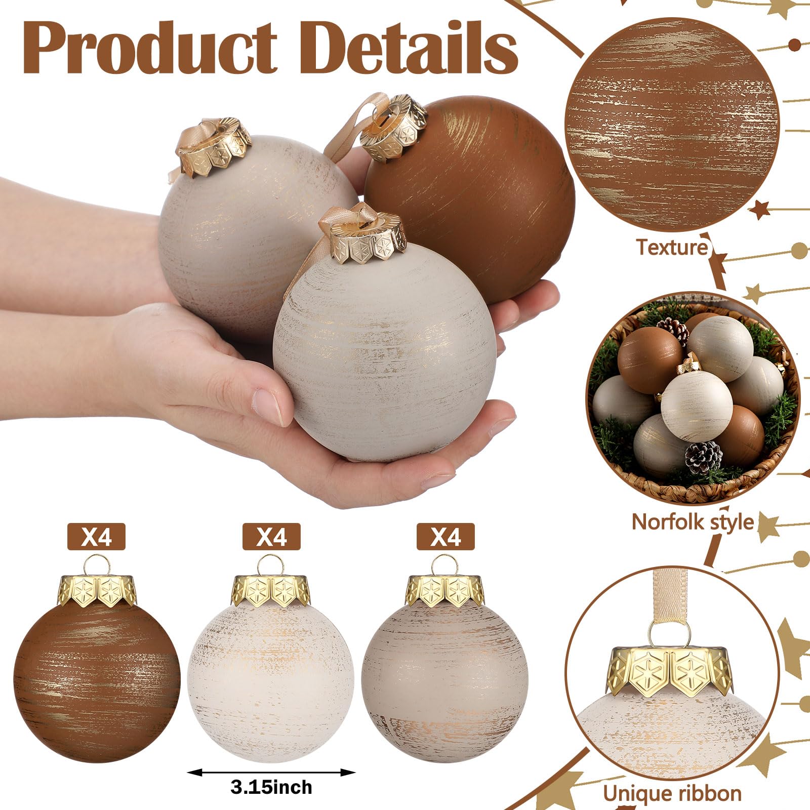 Yunlly 12 Pcs Neutral Textured Christmas Ball Ornaments 2025 3.15 Inch Rustic Vintage Xmas Tree Ornament Rust Earth Toned Xmas B