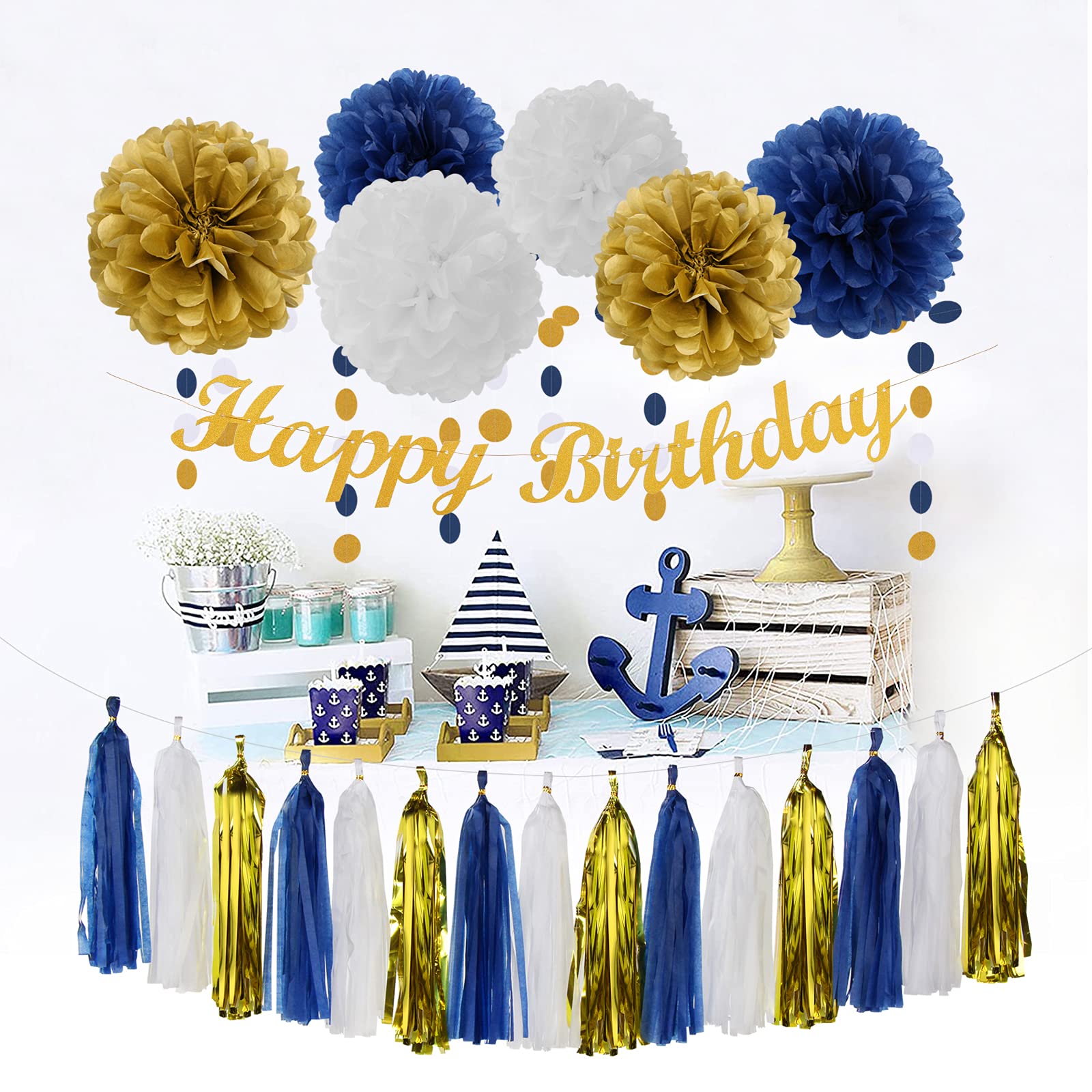 Navy-blue Gold Men-boys Birthday Decorations - 27pcs Party Kits Happy Birthday Banner Flags 40th 50th Birthday Decor Tissue Paper Pom Poms Tassel Streamers Garland Party supplies Lasting Surprise
