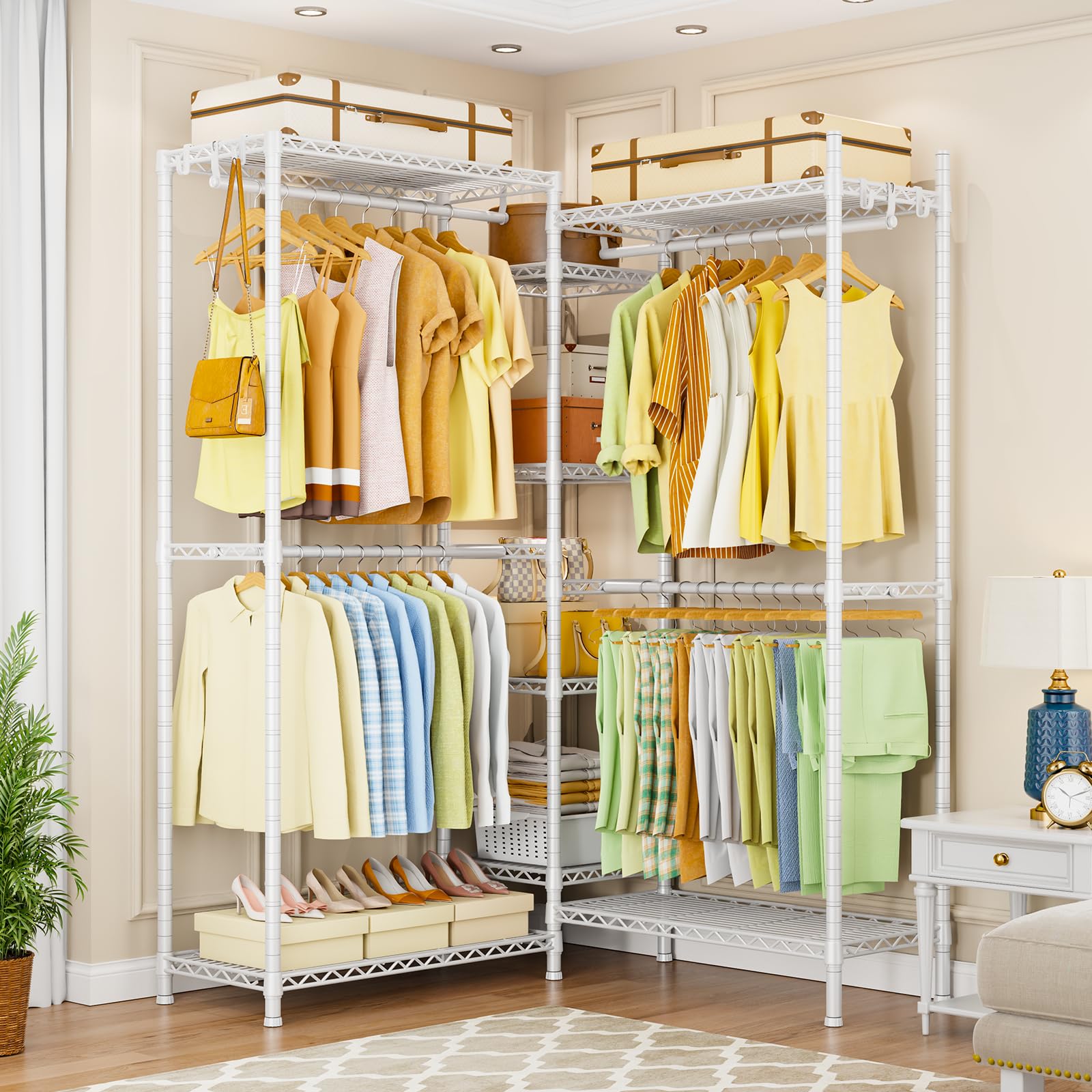 Ulif E4 Clothes Rack, Heavy-Duty Garment Rack, Metal Freestanding Clothing Organization Storage System Can Be L-Shaped With Shel