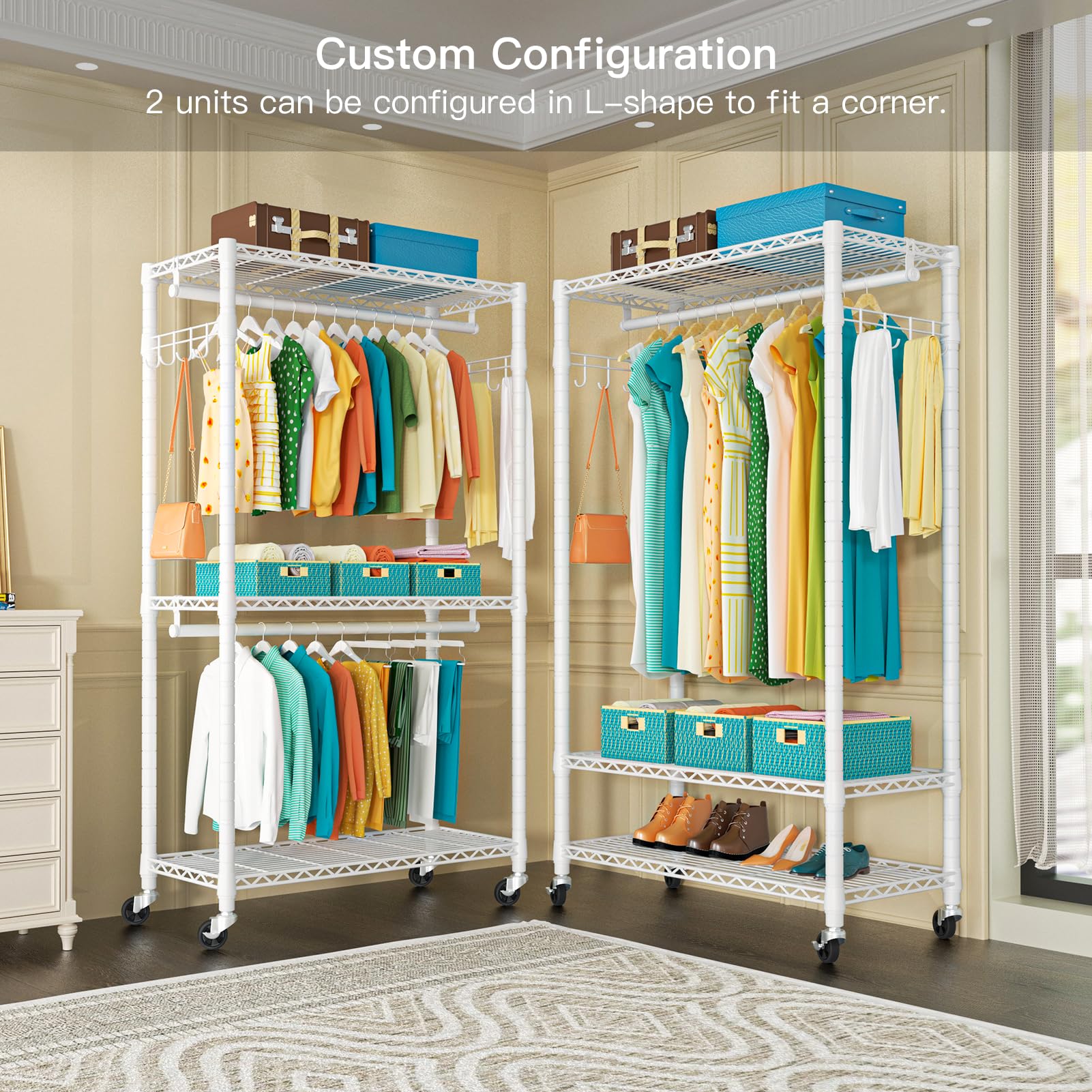 Futassi P1 Heavy Duty Garment Rack, 3 Tiers Adjustable Rolling Metal Closet Organizer With Lockable Wheels, Freestanding Wardrob