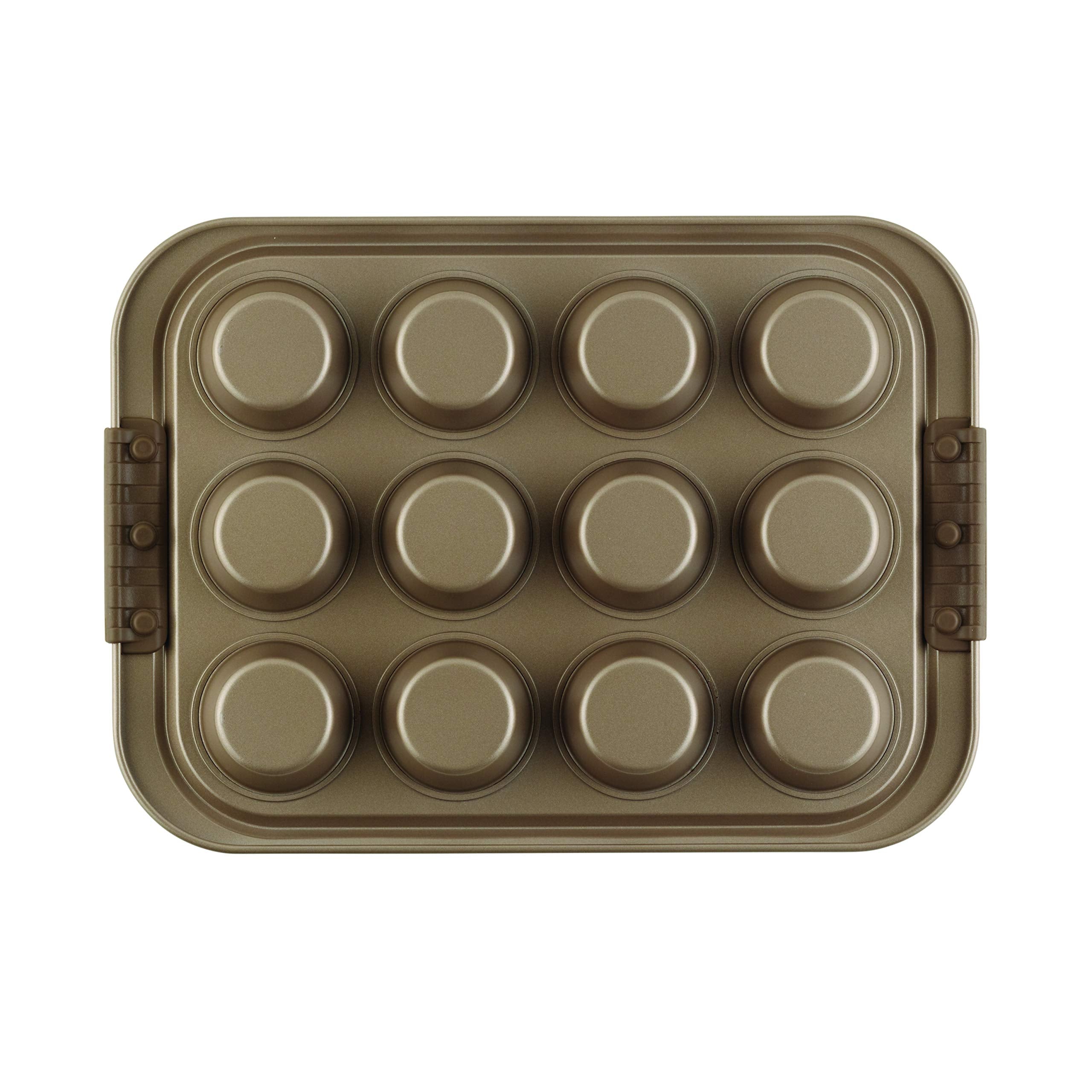 Anolon Bronze Nonstick 12-Cup Muffin Tin With Silicone Grips And Lid / Nonstick 12-Cup Cupcake Tin With Silicone Grips And Lid -