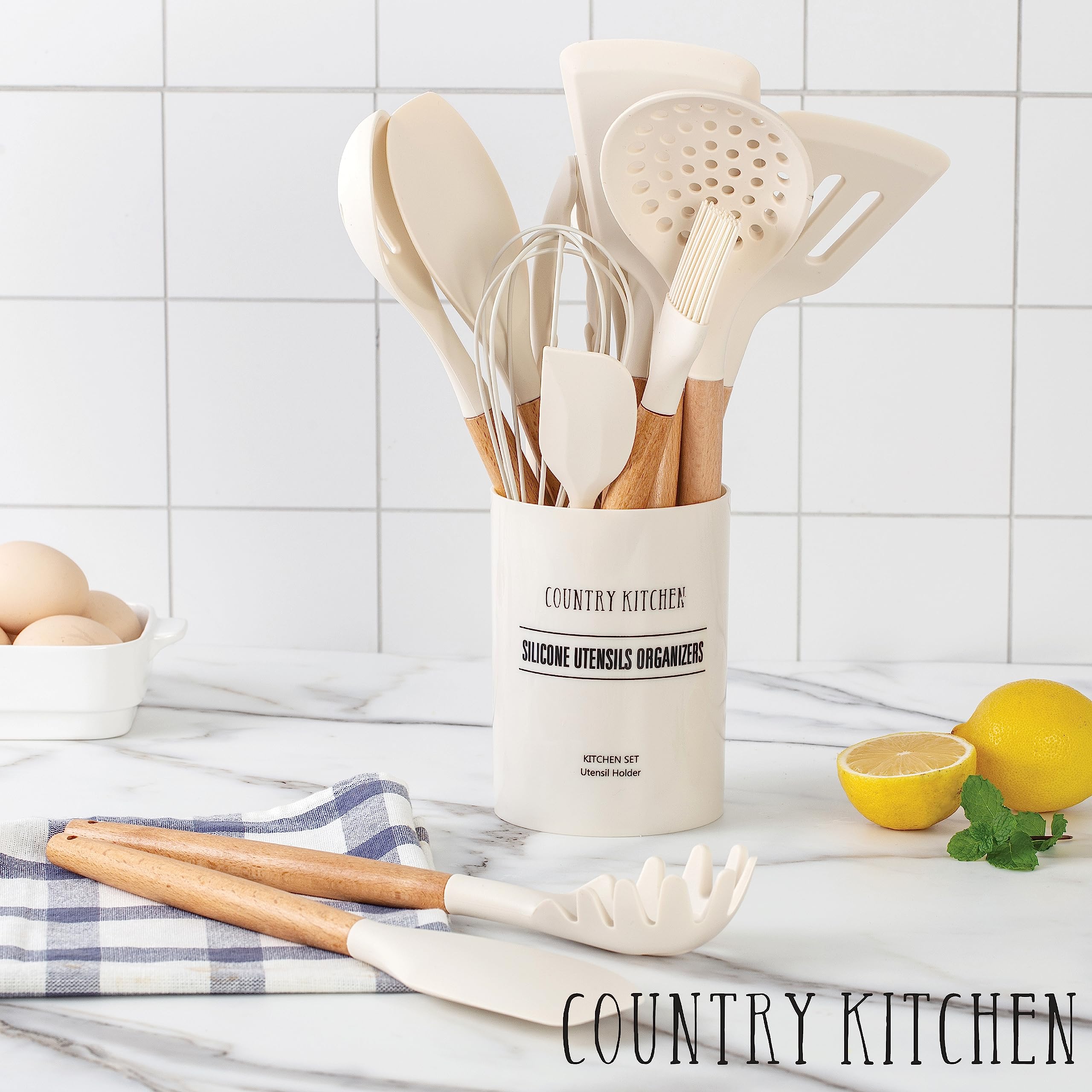 Country Kitchen Silicone Cooking Utensils, 14 Pc Kitchen Utensil Set, Easy To Clean Wooden Kitchen Utensils, Cooking Utensils Fo